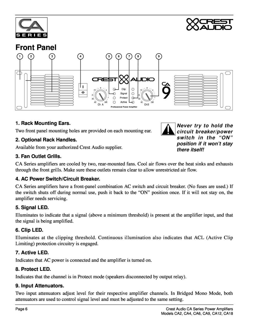 Crest Audio Professional Power Amplifier Front Panel, Rack Mounting Ears, Never try to hold the, circuit breaker/power 