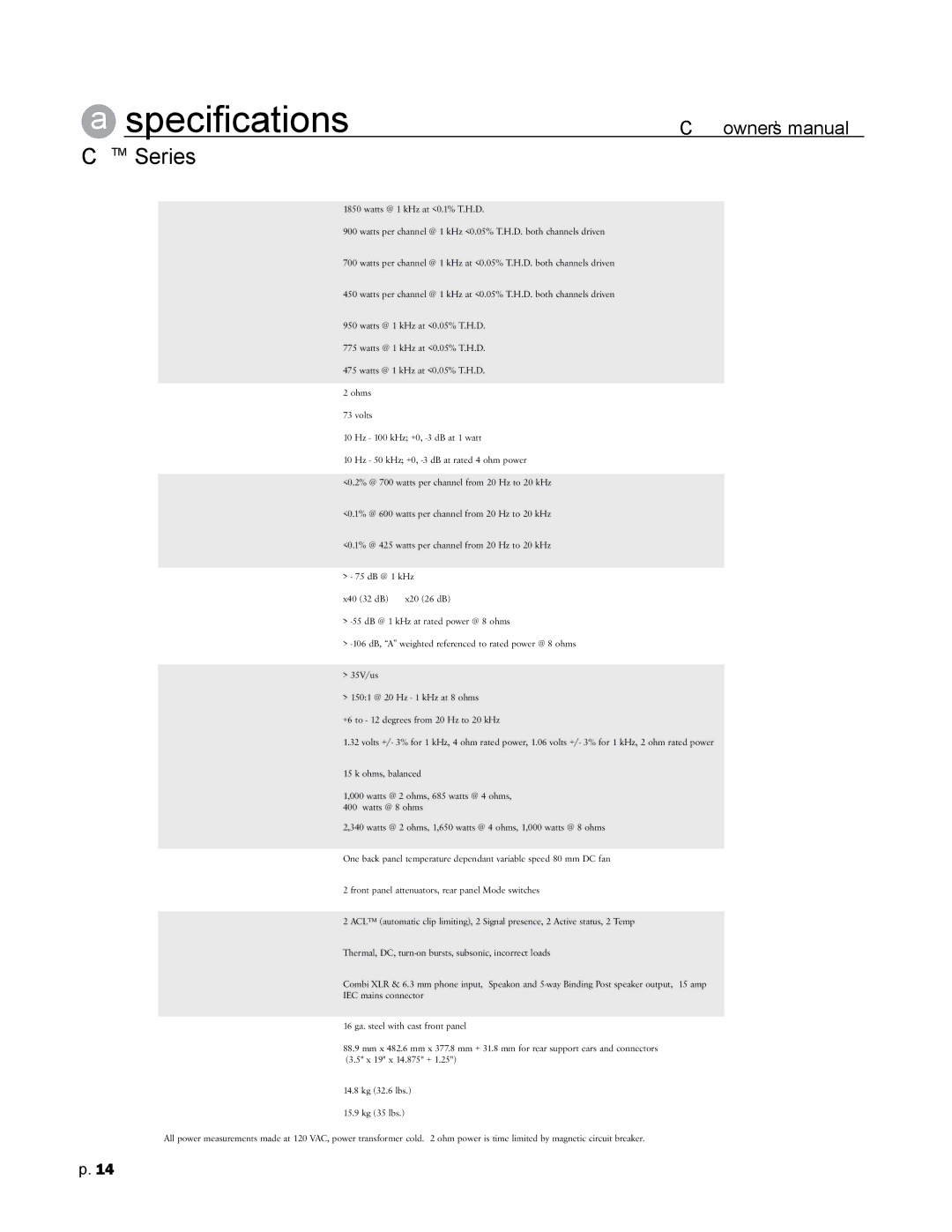 Crest Audio CC 4000, CC 5500, CC 2800, CC 1800 owner manual Specifications, Cctm Series 