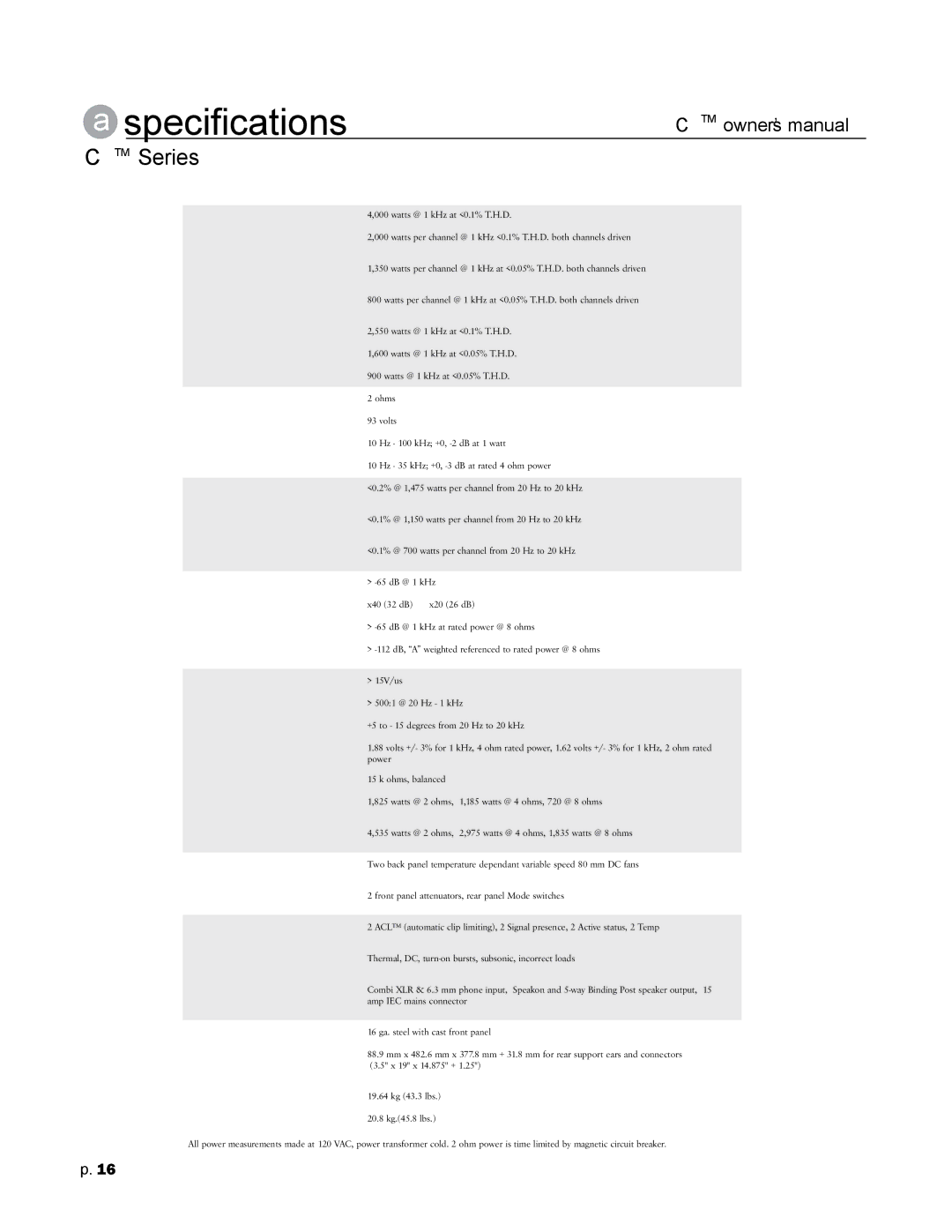 Crest Audio CC 5500, CC 2800, CC 4000, CC 1800 owner manual Specifications 