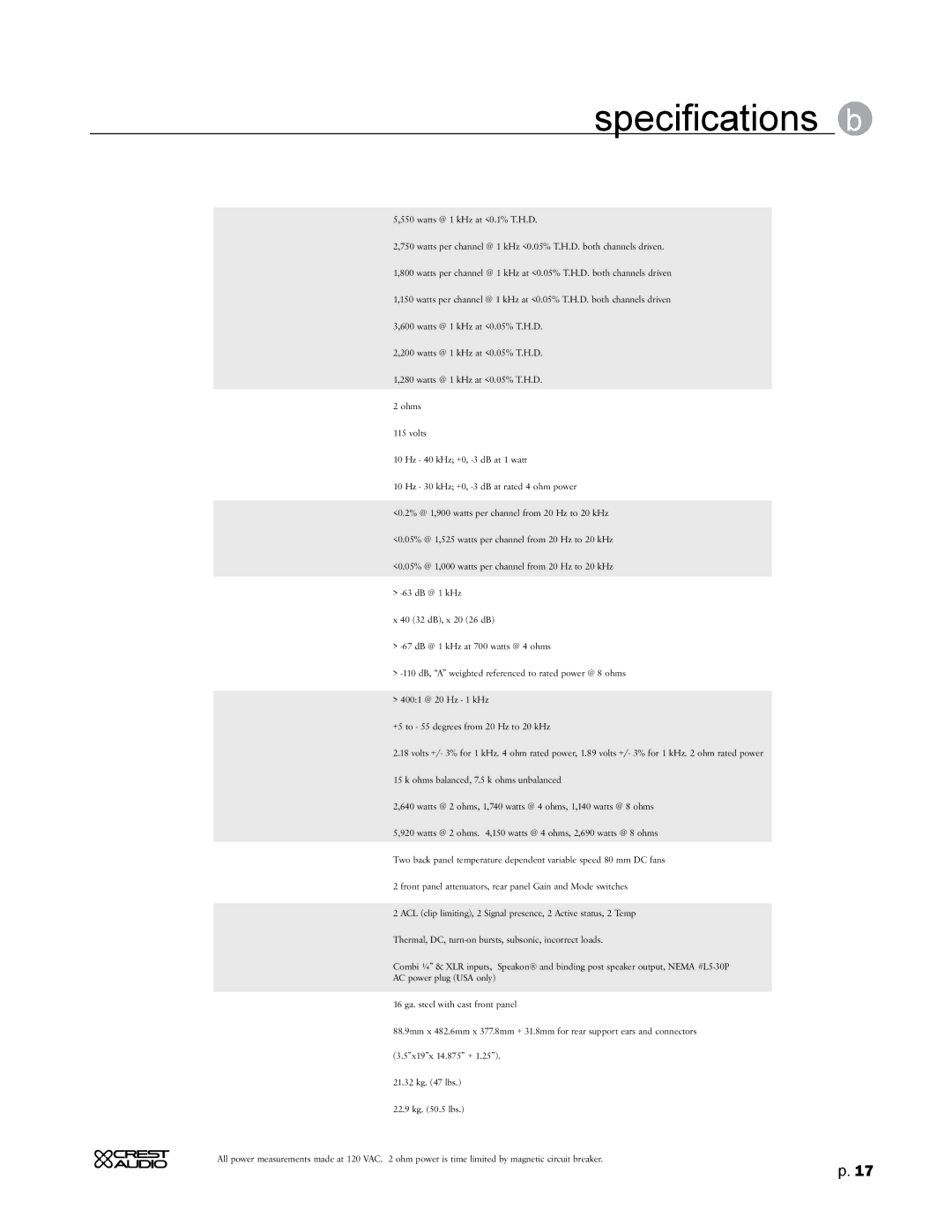 Crest Audio CC 2800, CC 5500, CC 4000, CC 1800 owner manual Specifications b 