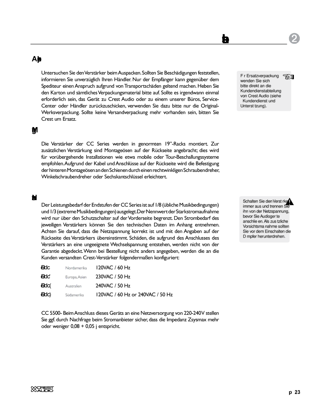 Crest Audio CC 1800, CC 5500, CC 2800, CC 4000 owner manual Auspacken, Montage, Netzanschluss 