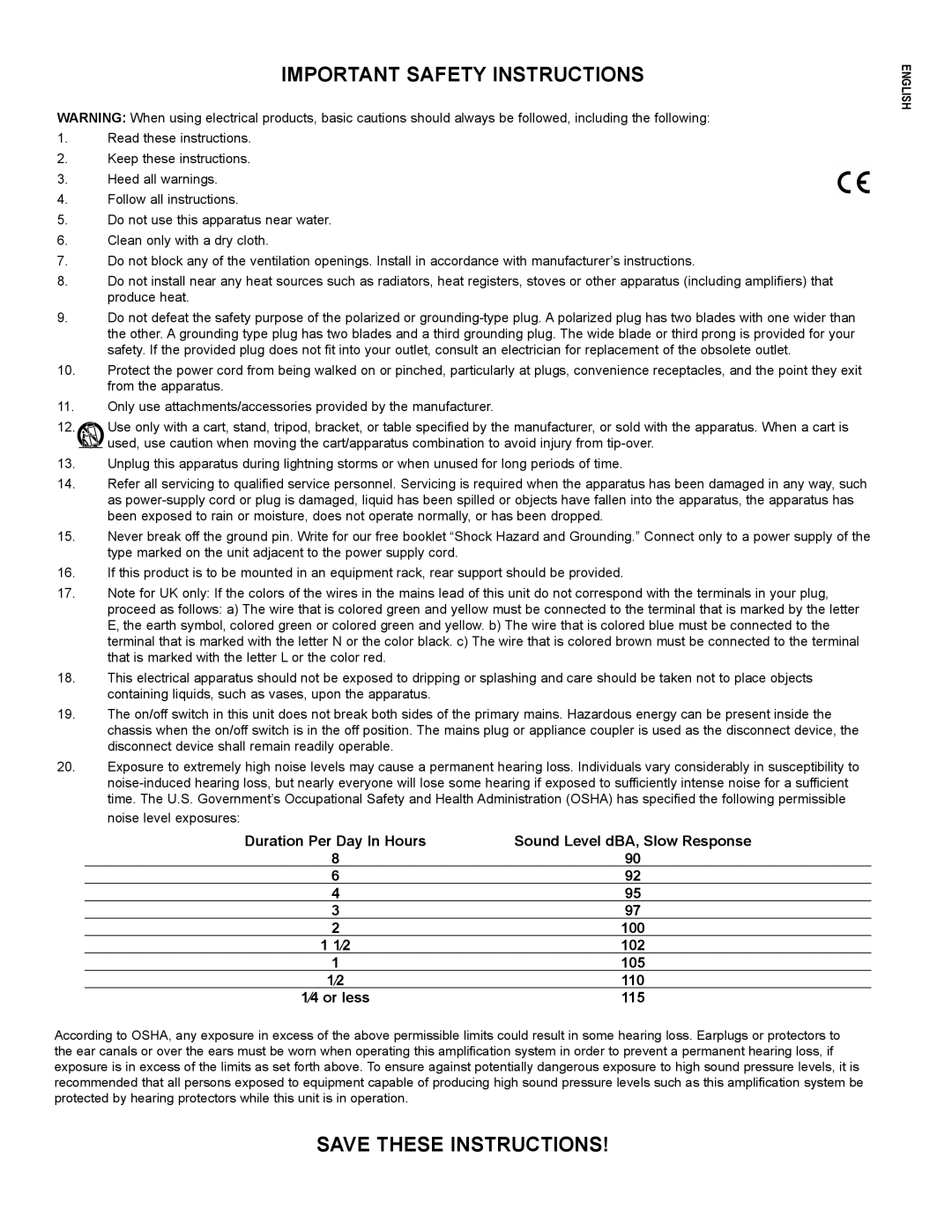 Crest Audio CC 5500, CC 2800, CC 4000, CC 1800 owner manual Important Safety Instructions 