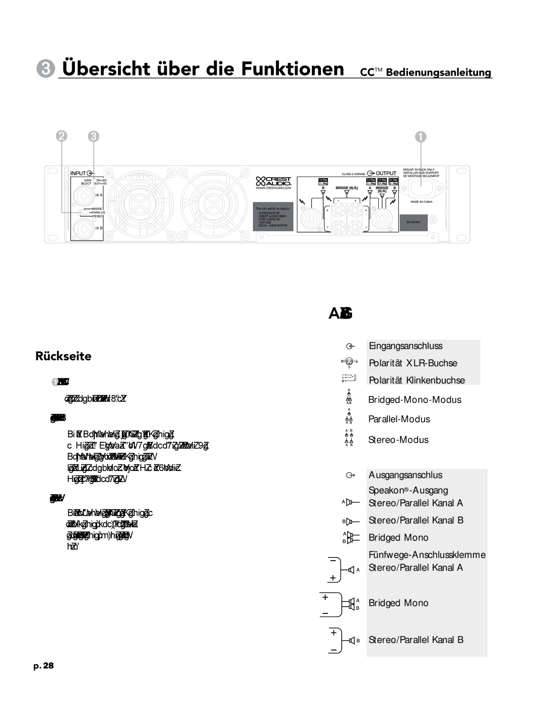 Crest Audio CC 5500, CC 2800, CC 4000, CC 1800 owner manual Rückseite, IEC-Netzbuchse, Moduswahlschalter, Gain-Wahlschalter 