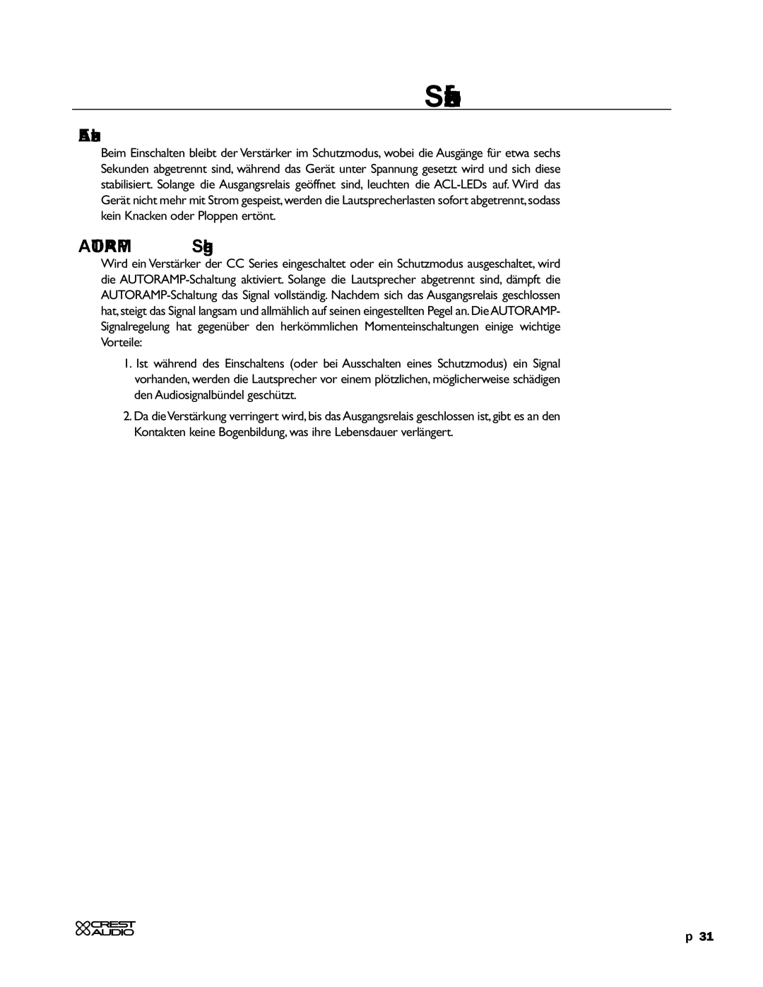 Crest Audio CC 1800, CC 5500, CC 2800, CC 4000 owner manual Ein-/Ausschaltschutz, AUTORAMP-Signalregelung 