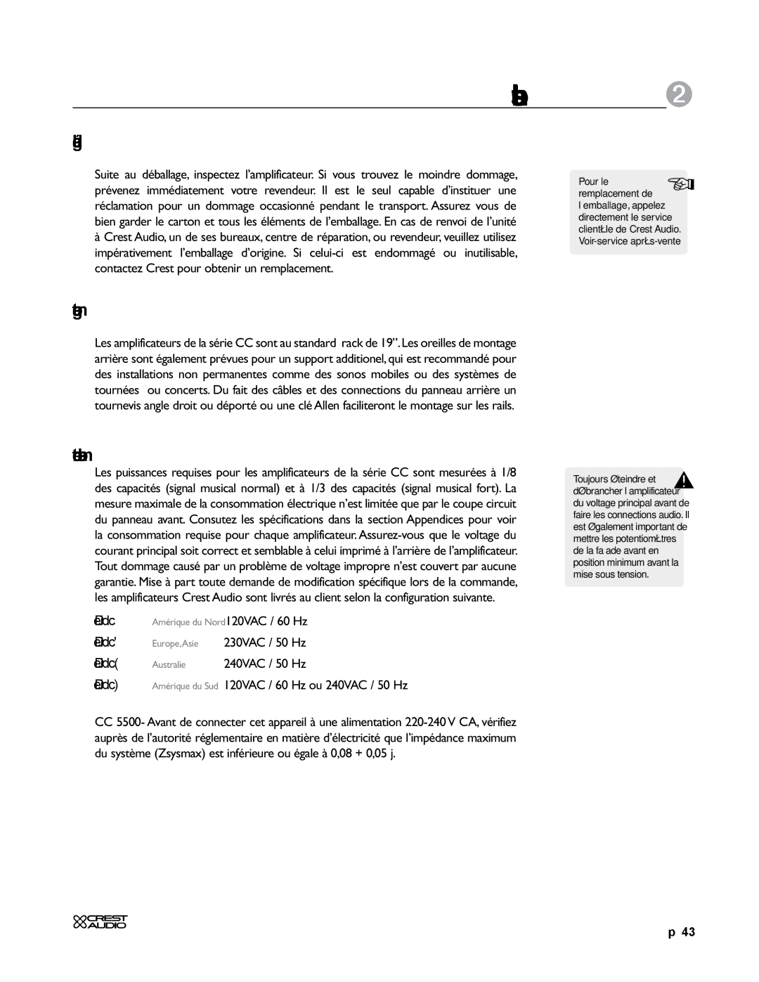 Crest Audio CC 1800, CC 5500, CC 2800, CC 4000 owner manual Installation2, Déballage, Connecter l’alimentation 