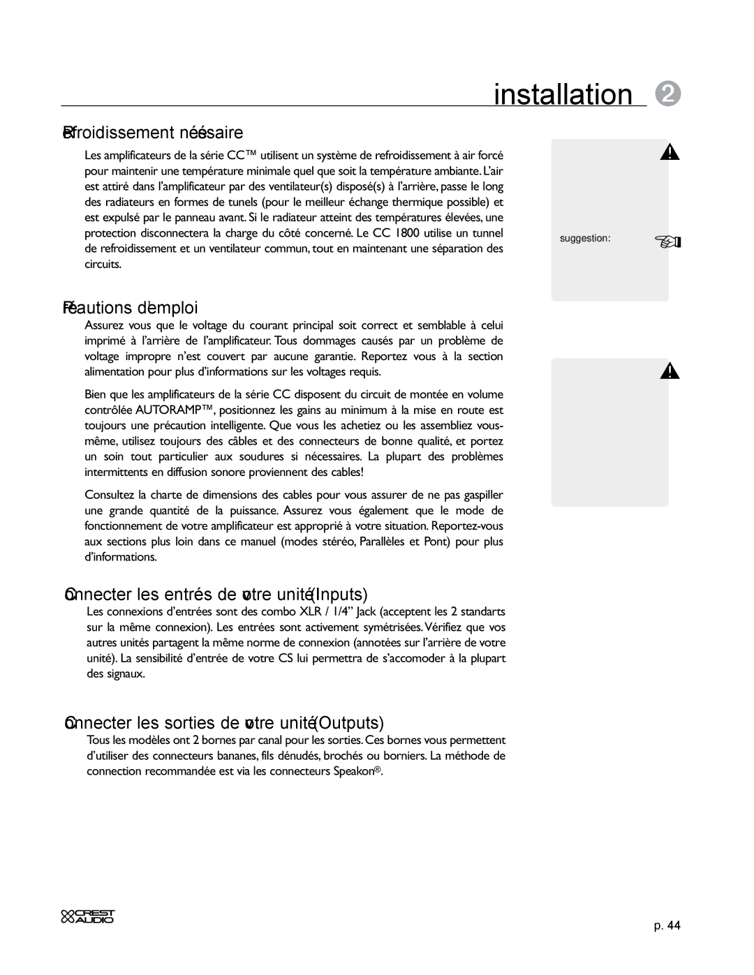 Crest Audio CC 5500, CC 2800 Refroidissement nécéssaire, Précautions d’emploi, Connecter les entrées de votre unité Inputs 