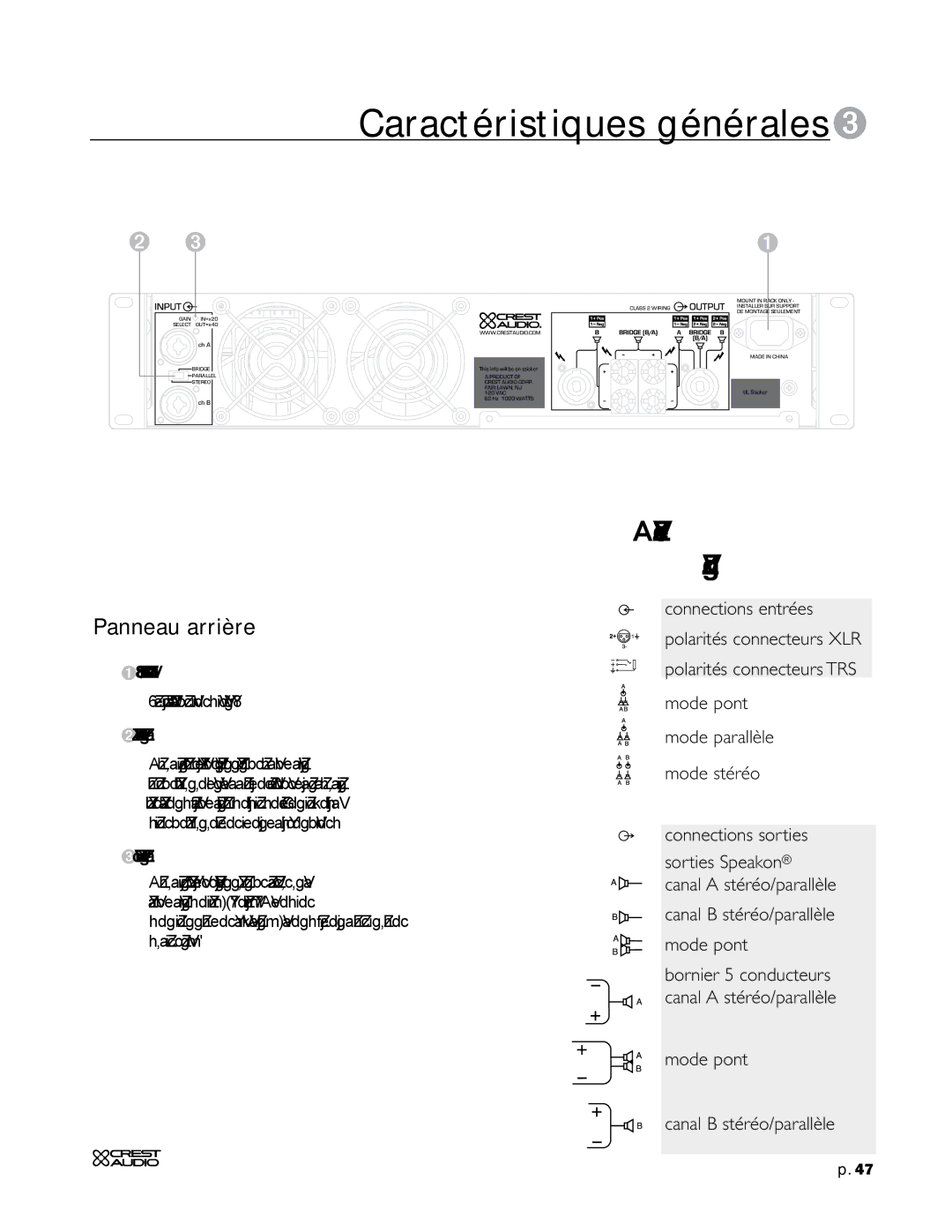 Crest Audio CC 1800, CC 5500 Caractéristiques générales3, Panneau arrière, Câble d’alimentation IEC, Sélecteur de mode 