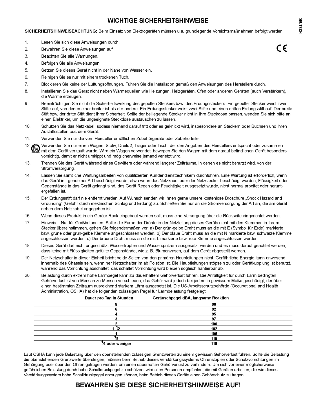 Crest Audio CC 1800, CC 5500, CC 2800, CC 4000 owner manual Bewahren SIE Diese Sicherheitshinweise AUF 