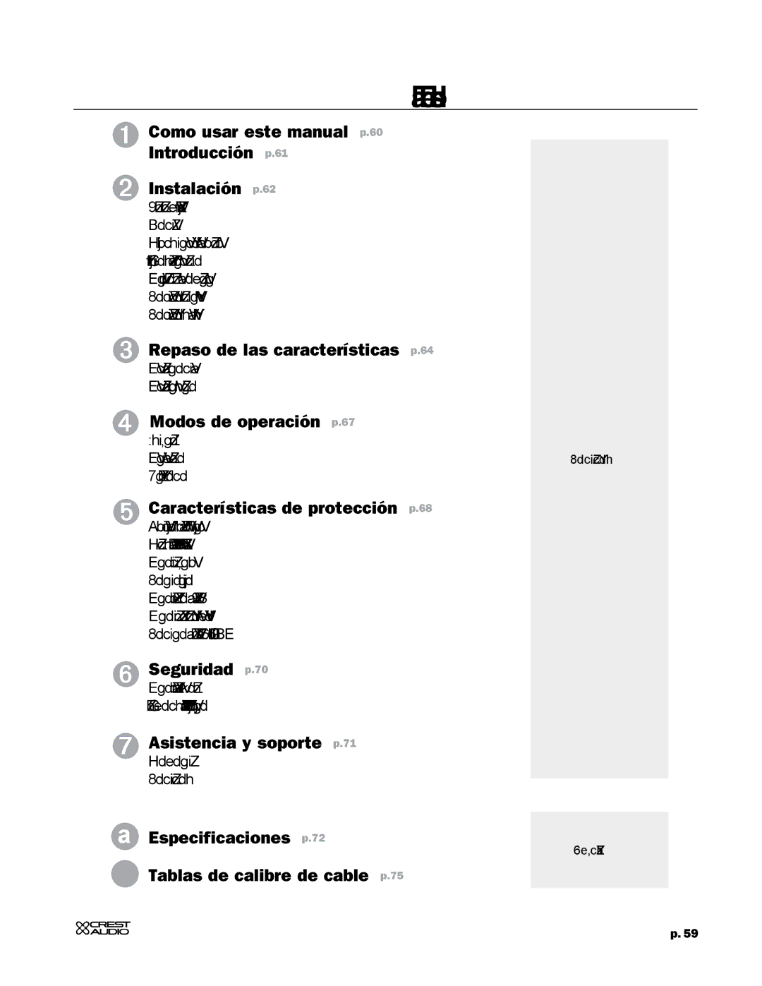 Crest Audio CC 1800, CC 5500, CC 2800, CC 4000 owner manual Tabla de contenidos, Como usar este manual p.60 Introducción p.61 