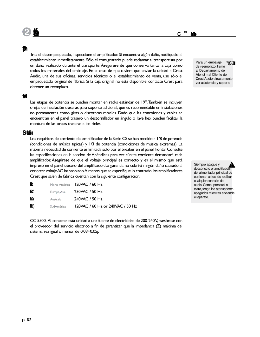 Crest Audio CC 4000, CC 5500, CC 2800, CC 1800 owner manual 2Instalación, Desempaquetado, Montaje, Suministrando alimentación 