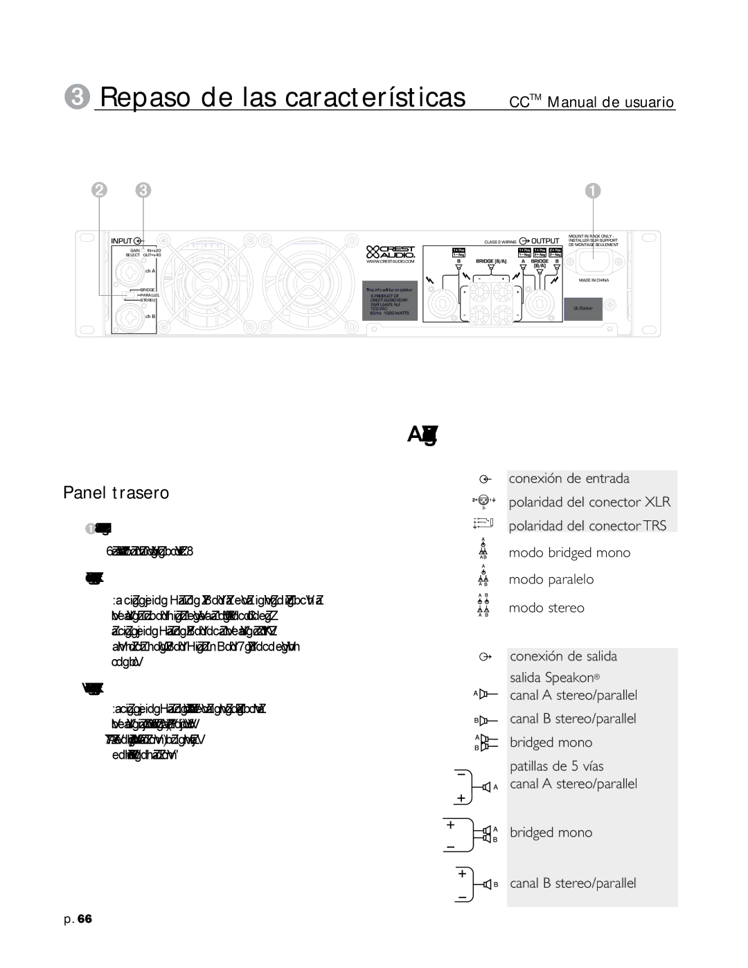 Crest Audio CC 4000, CC 5500, CC 2800, CC 1800 Panel trasero, Conector de alimentación IEC, Interruptor Selector de Modo 