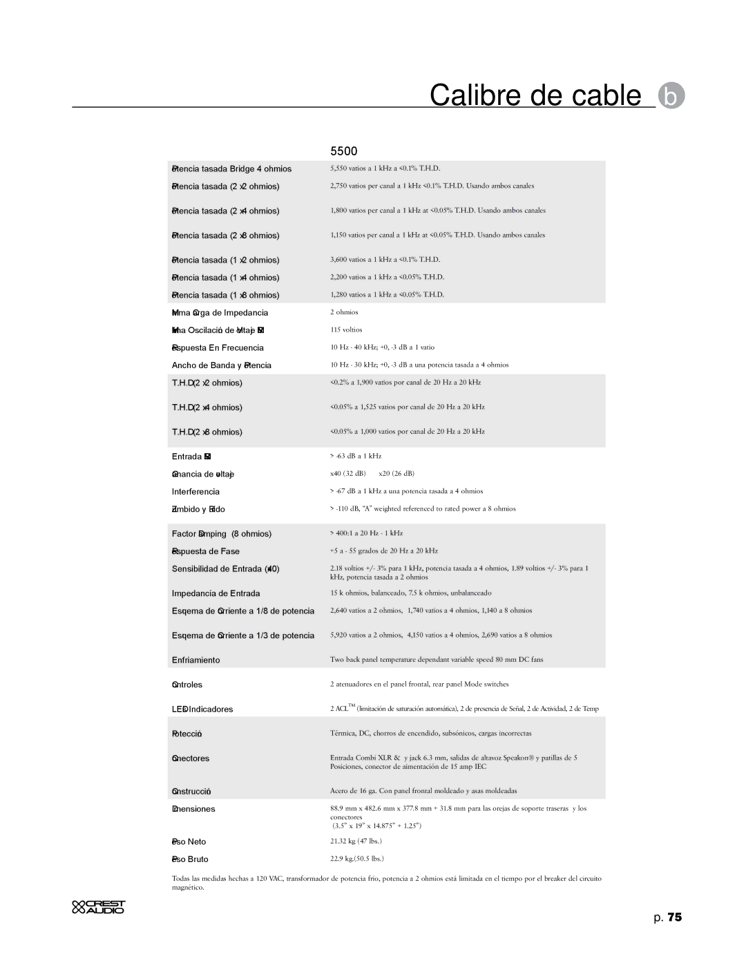 Crest Audio CC 1800, CC 5500, CC 2800, CC 4000 owner manual Calibre de cable b 