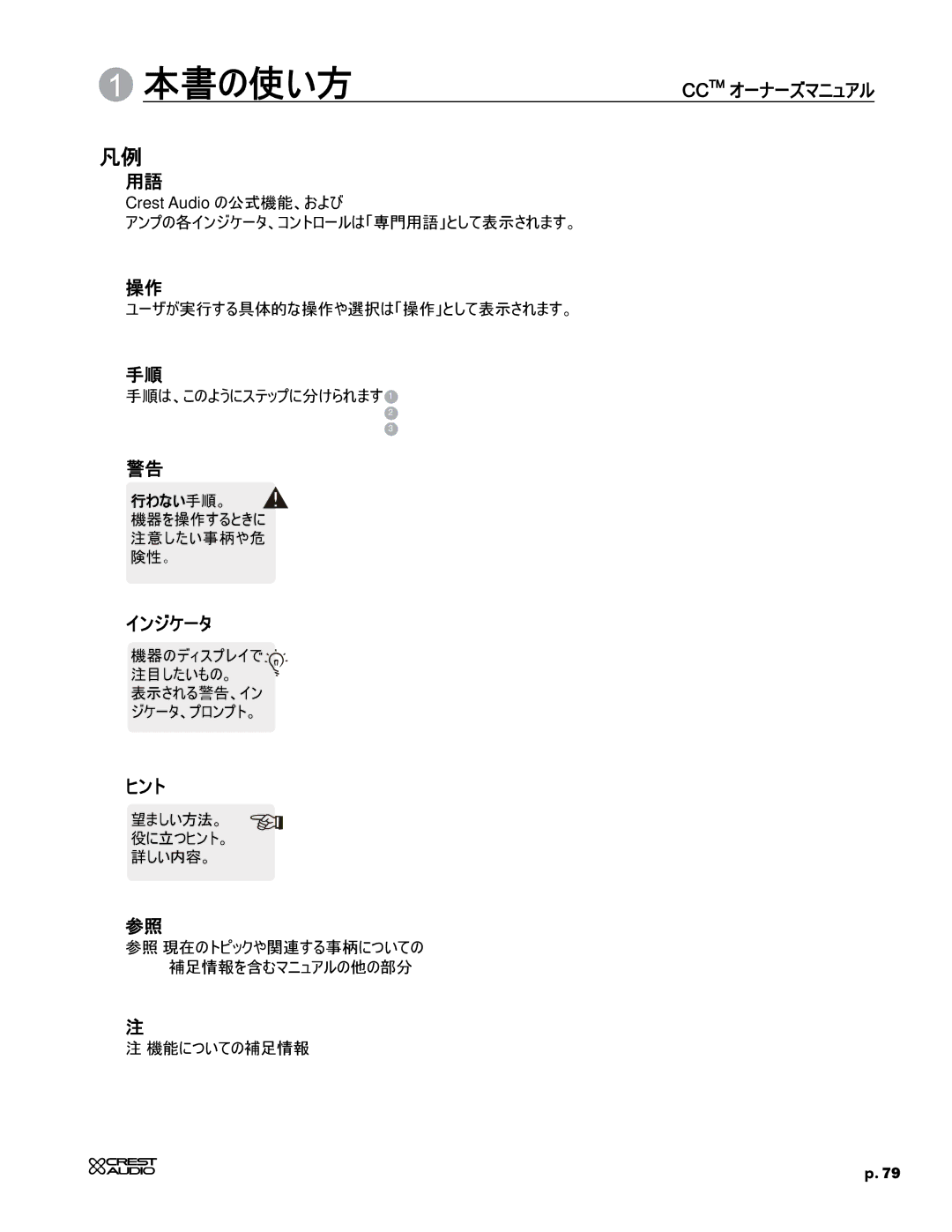 Crest Audio CC 1800, CC 5500, CC 2800, CC 4000 owner manual 本書の使い方 