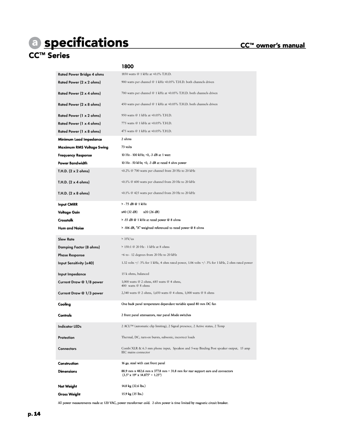 Crest Audio CC 4000, CC 5500, CC 2800, CC 1800 owner manual specifications, CCTM Series, CC owner’s manual, p.14 
