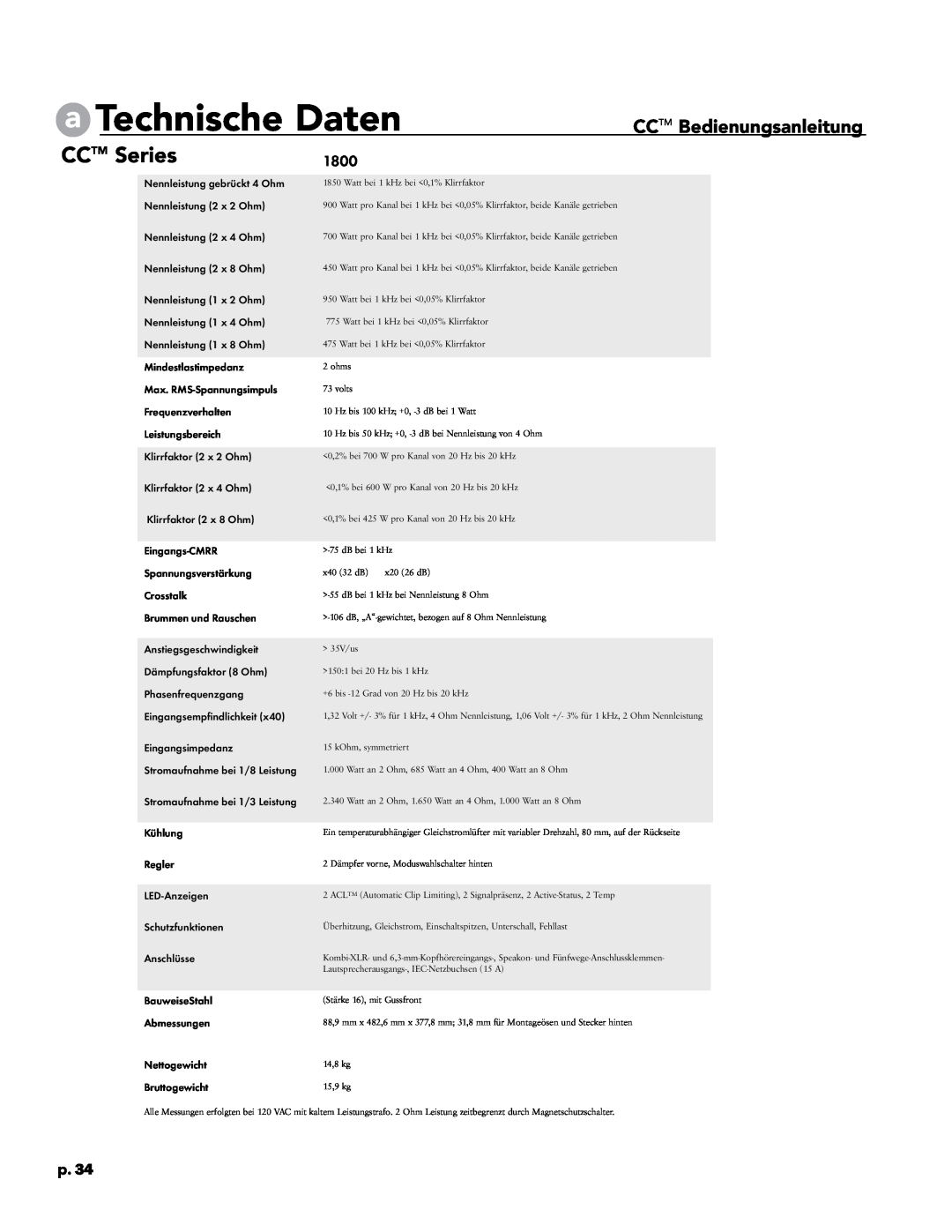 Crest Audio CC 4000, CC 5500, CC 2800, CC 1800 a Technische Daten, CCTM Series, CCTM Bedienungsanleitung, p.34 
