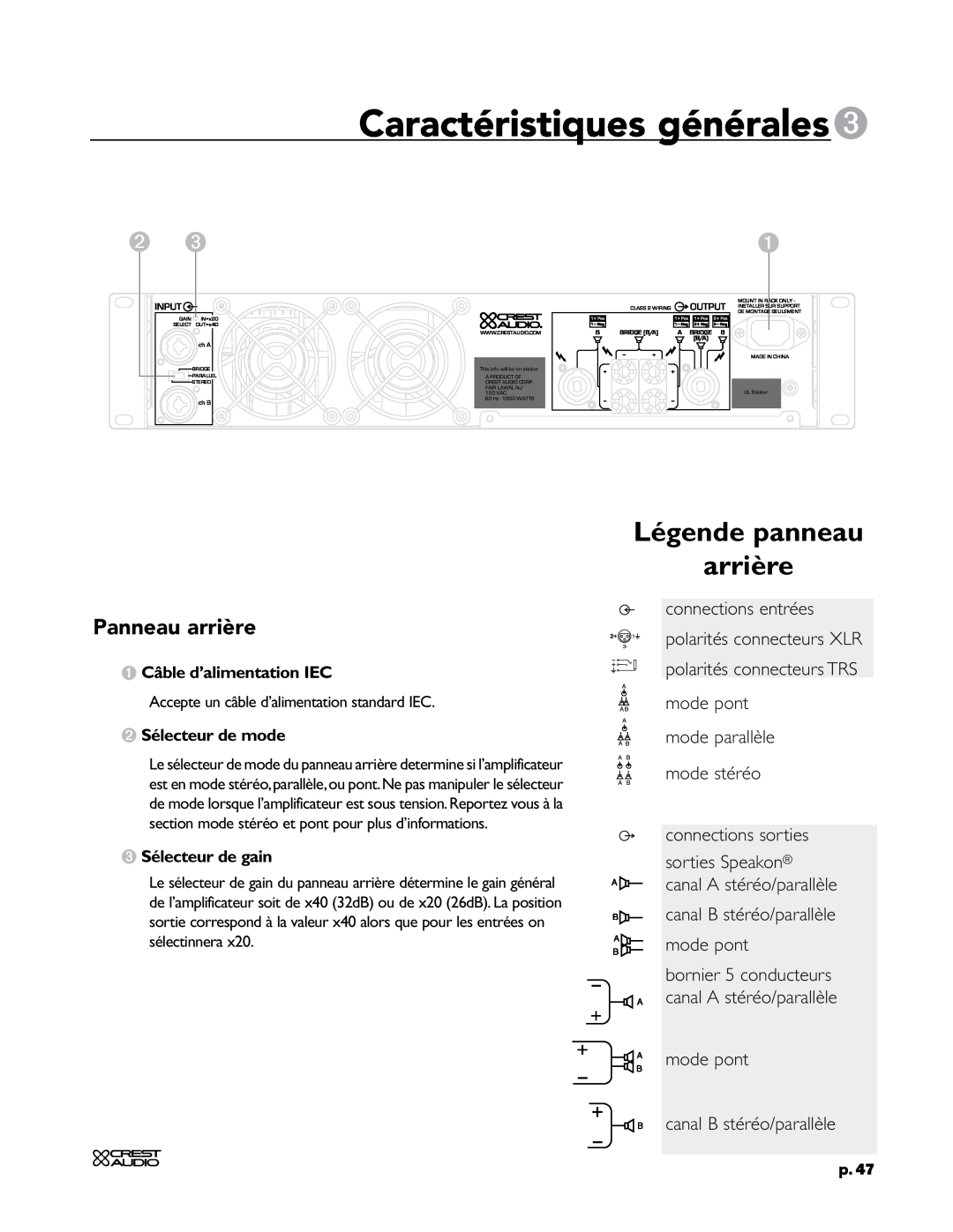 Crest Audio CC 1800 Caractéristiques générales3, Légende panneau arrière, Panneau arrière, connections sorties, p.47, ch A 