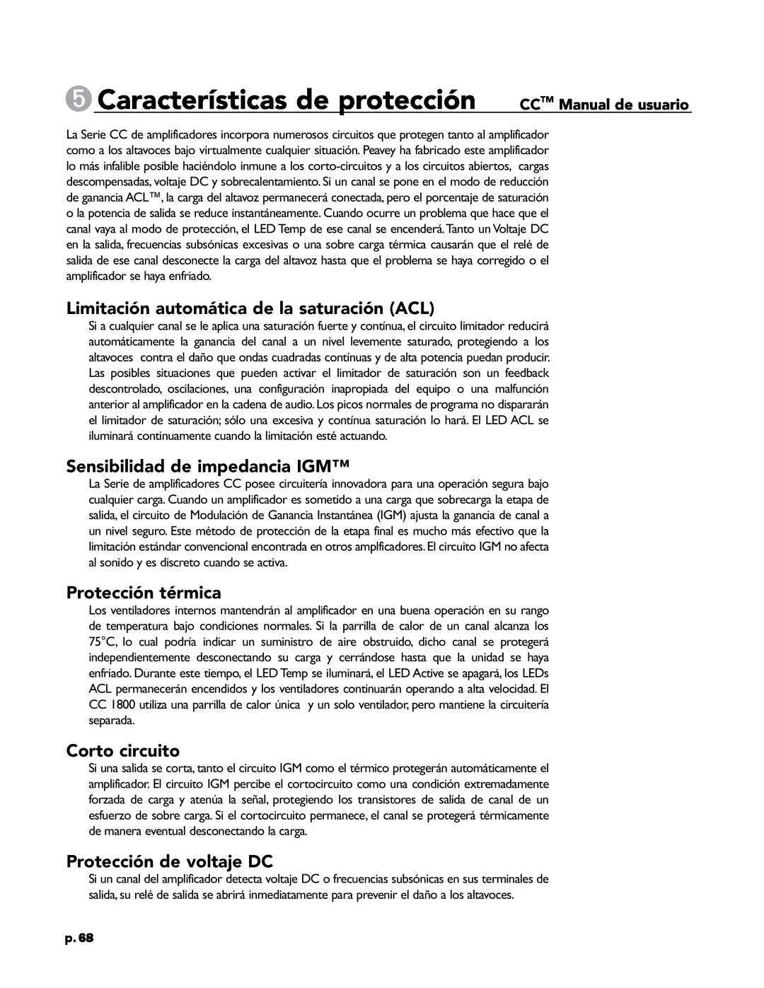 Crest Audio CC 5500 5Características de protección, Limitación automática de la saturación ACL, Protección térmica, p.68 