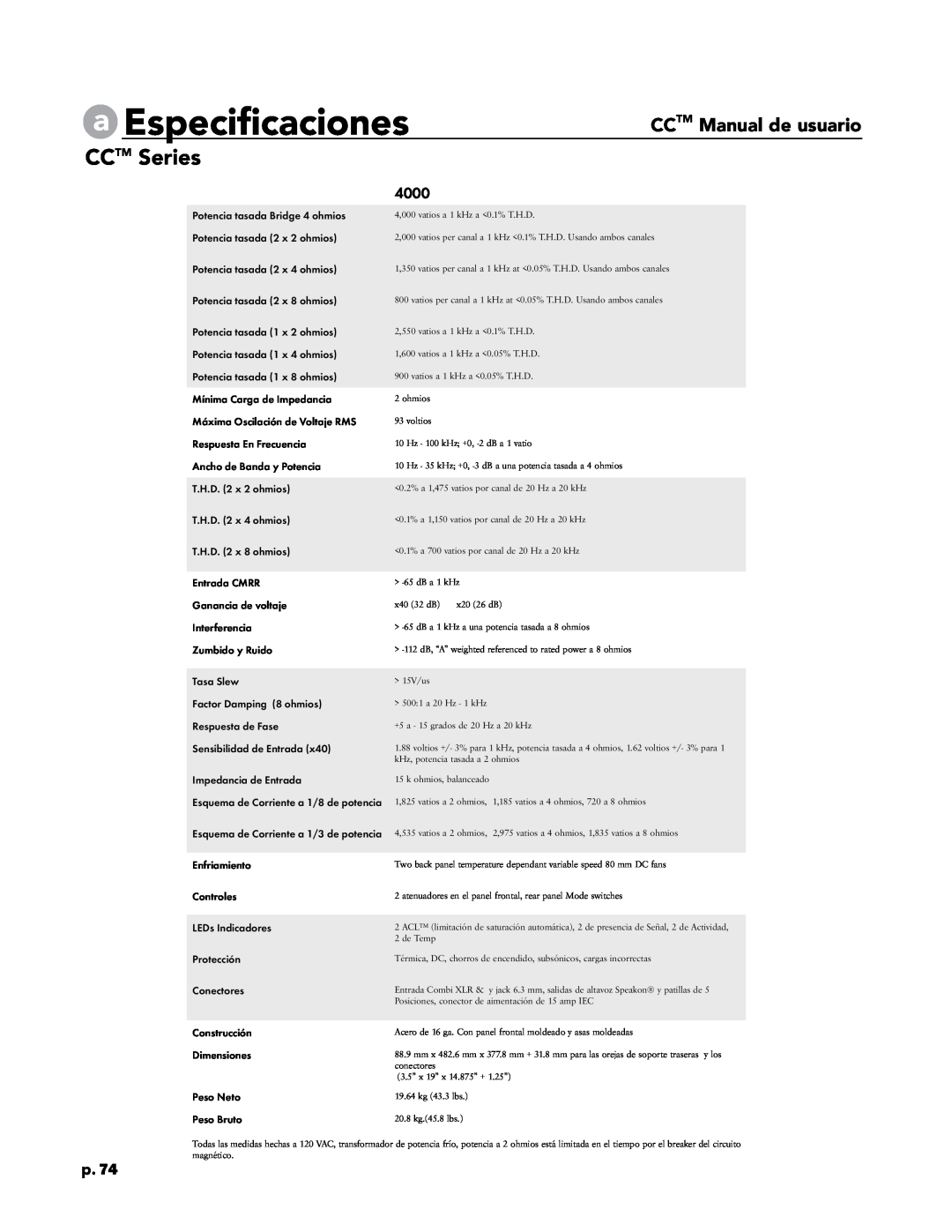 Crest Audio CC 4000, CC 5500, CC 2800, CC 1800 owner manual a Especificaciones, CCTM Series, CCTM Manual de usuario, p.74 