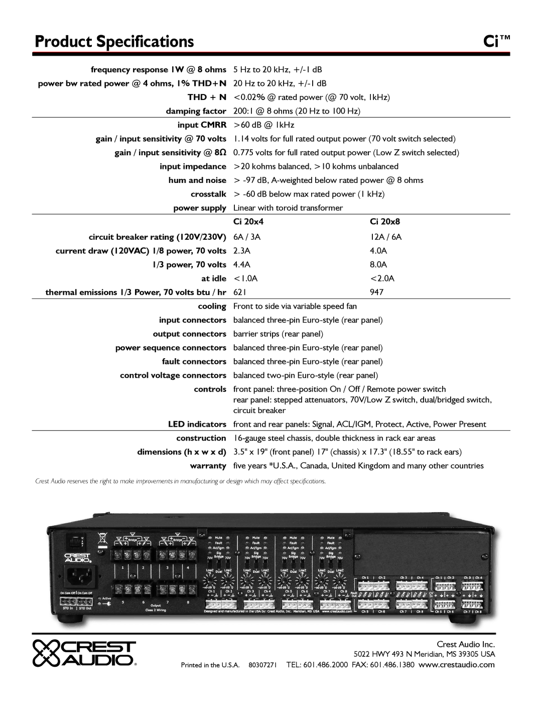 Crest Audio Ci 20 X 4, Ci 20 X 8 manual Product Specifications, Thd + N 