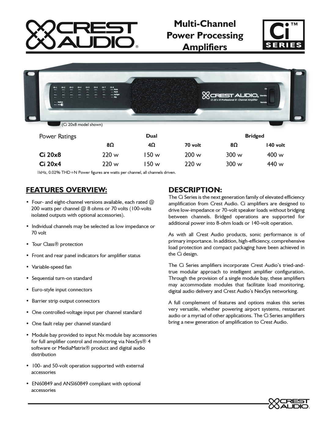 Crest Audio Ci 20 X 8 manual Multi-Channel Power Processing Amplifiers, Features Overview, Description, series, 200 w 
