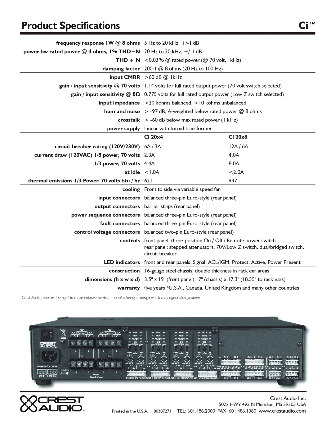 Crest Audio Ci 20 X 4, Ci 20 X 8 manual Product Specifications 