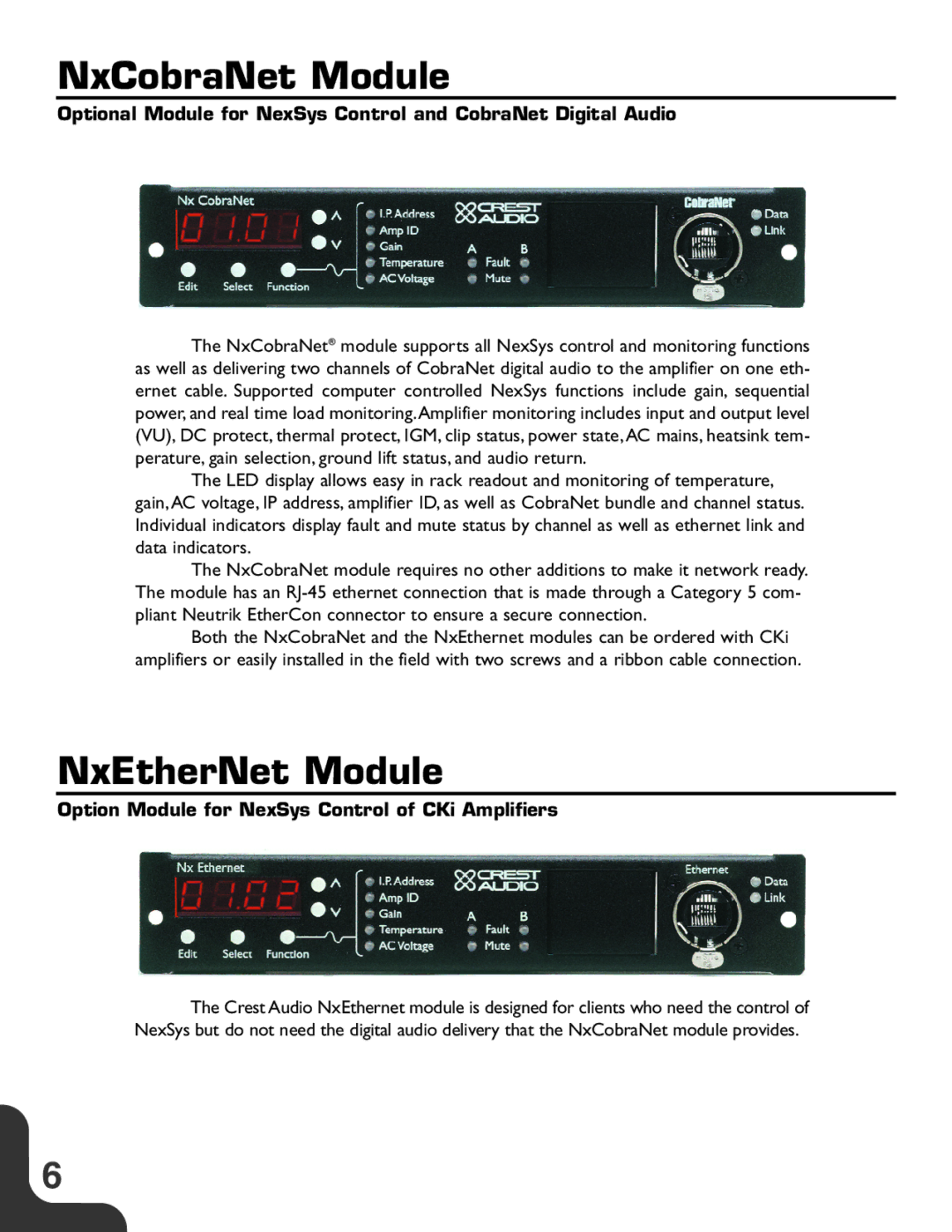 Crest Audio CKi Series manual NxCobraNet Module, NxEtherNet Module, Option Module for NexSys Control of CKi Amplifiers 