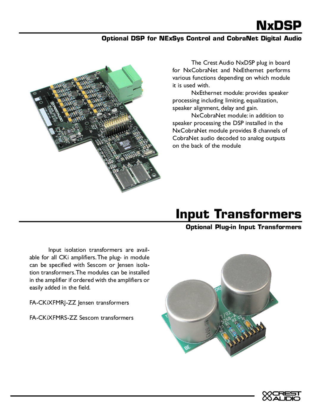 Crest Audio CKi Series manual NxDSP, Input Transformers, Optional DSP for NExSys Control and CobraNet Digital Audio 