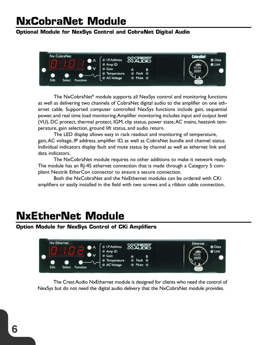 Crest Audio CKi Series manual NxCobraNet Module, NxEtherNet Module 
