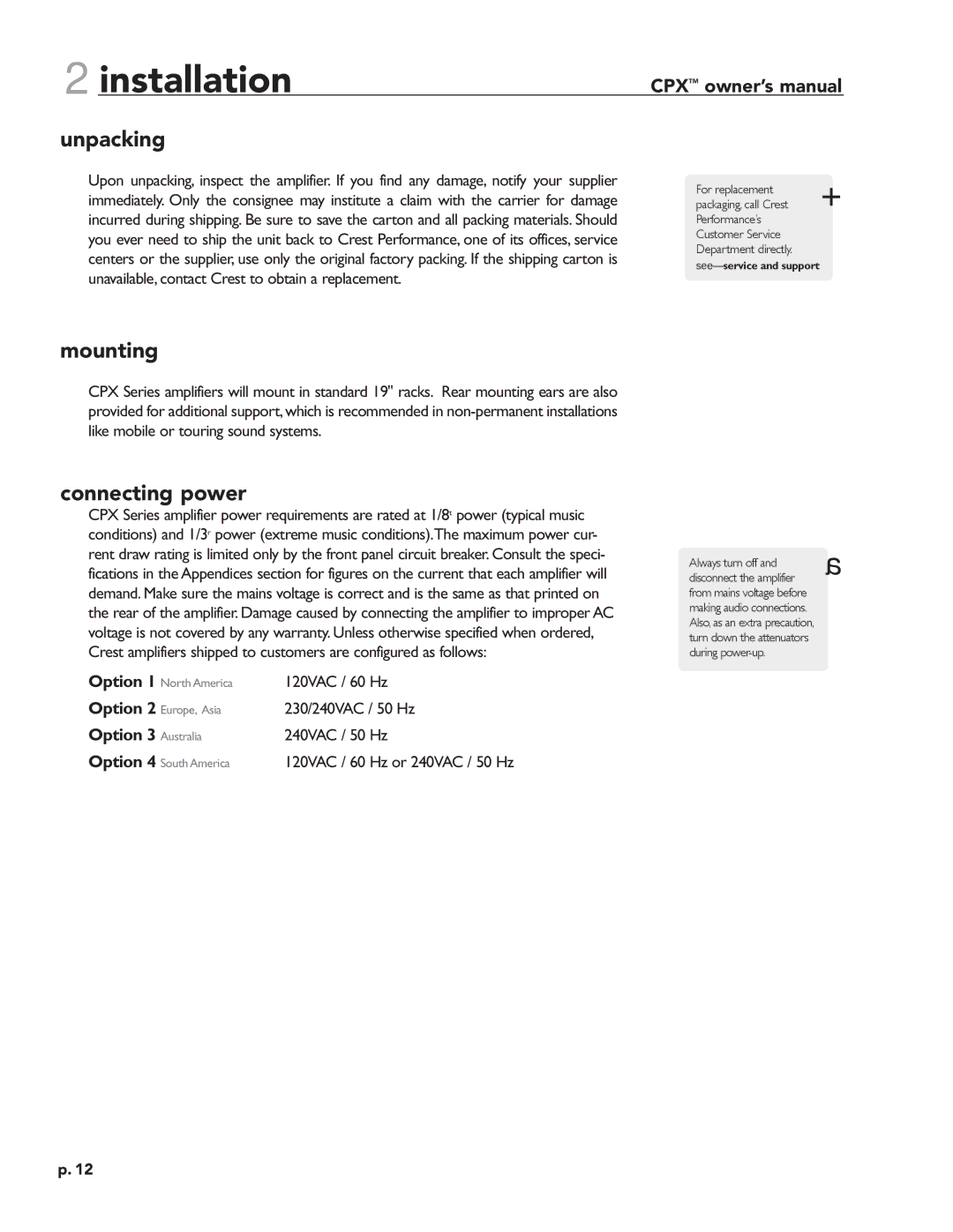 Crest Audio CPX 3800 owner manual Connecting power, Option 3 Australia 