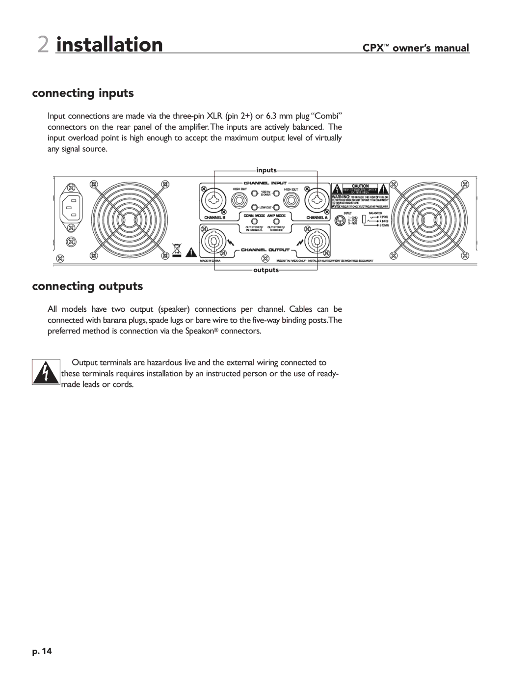 Crest Audio CPX 3800 owner manual Connecting inputs, Connecting outputs 