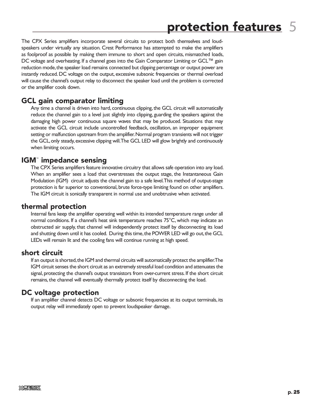 Crest Audio CPX 3800 owner manual GCL gain comparator limiting, IGM impedance sensing, Thermal protection 