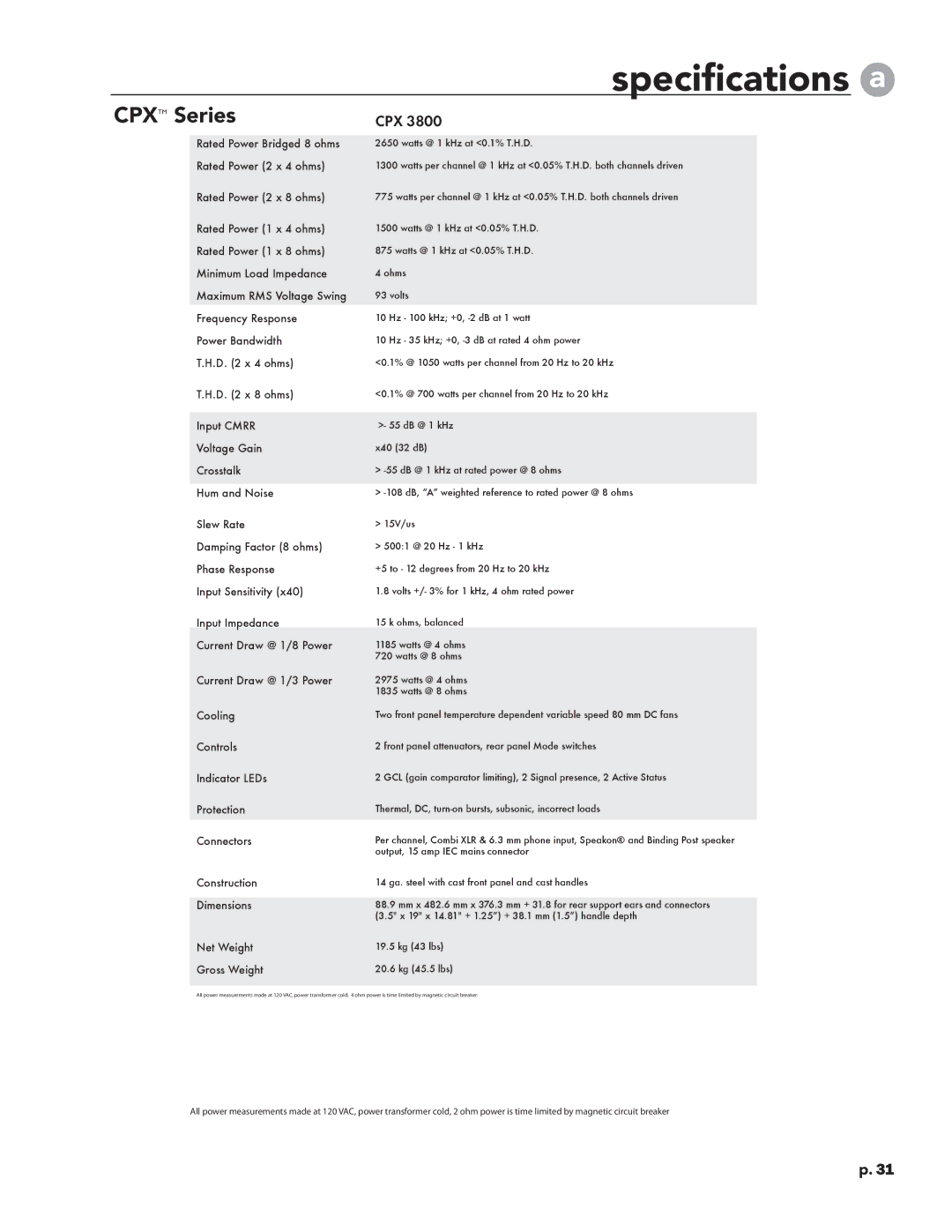 Crest Audio CPX 3800 owner manual Specifications, Cpxtm Series 