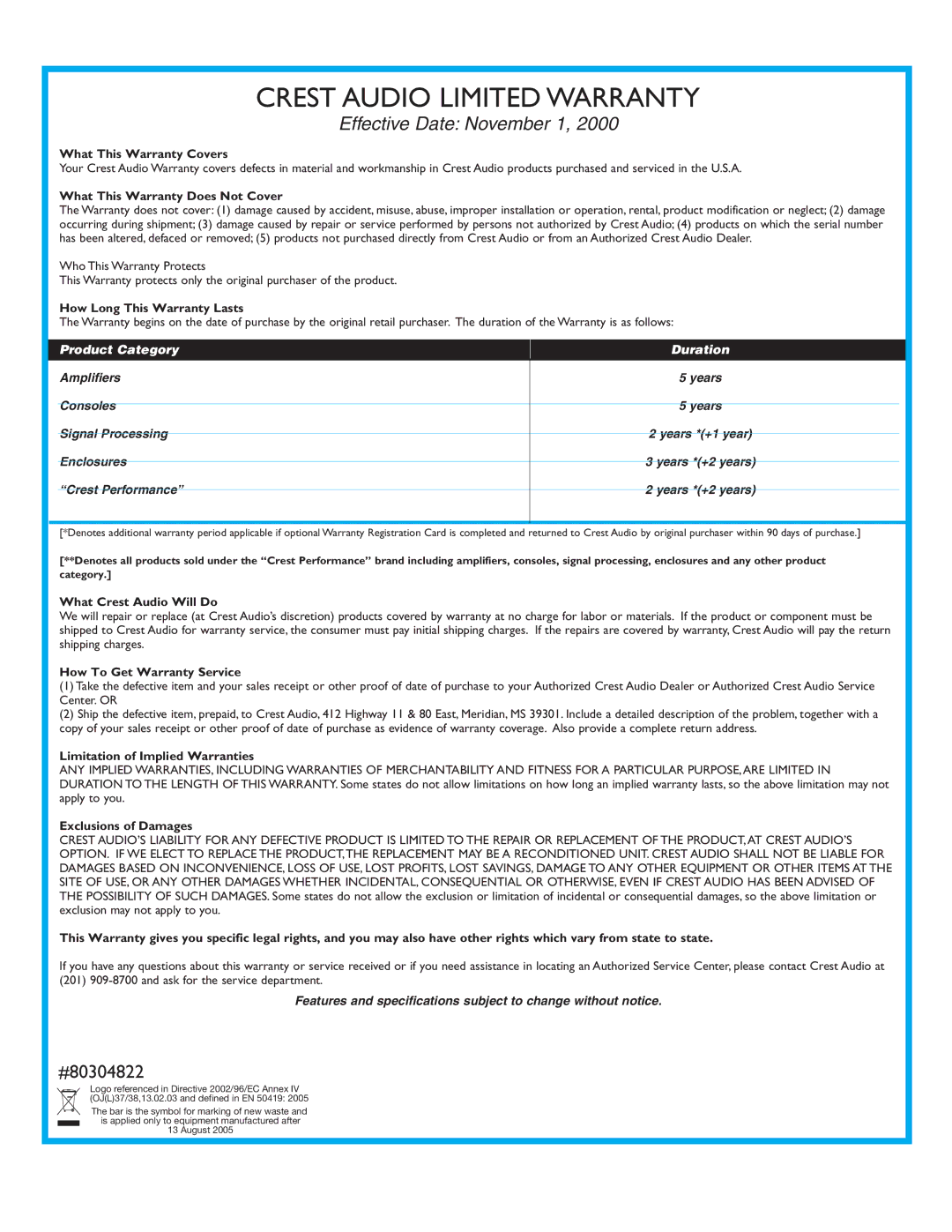 Crest Audio CPX 3800 owner manual Crest Audio Limited Warranty 