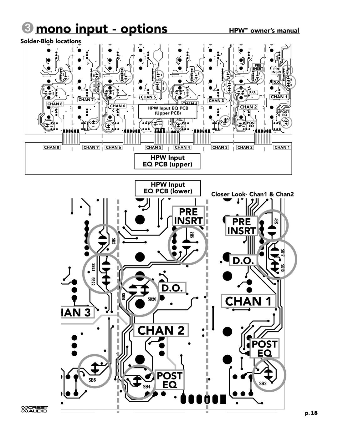 Crest Audio owner manual Mono input options, HPW Input EQ PCB lower 