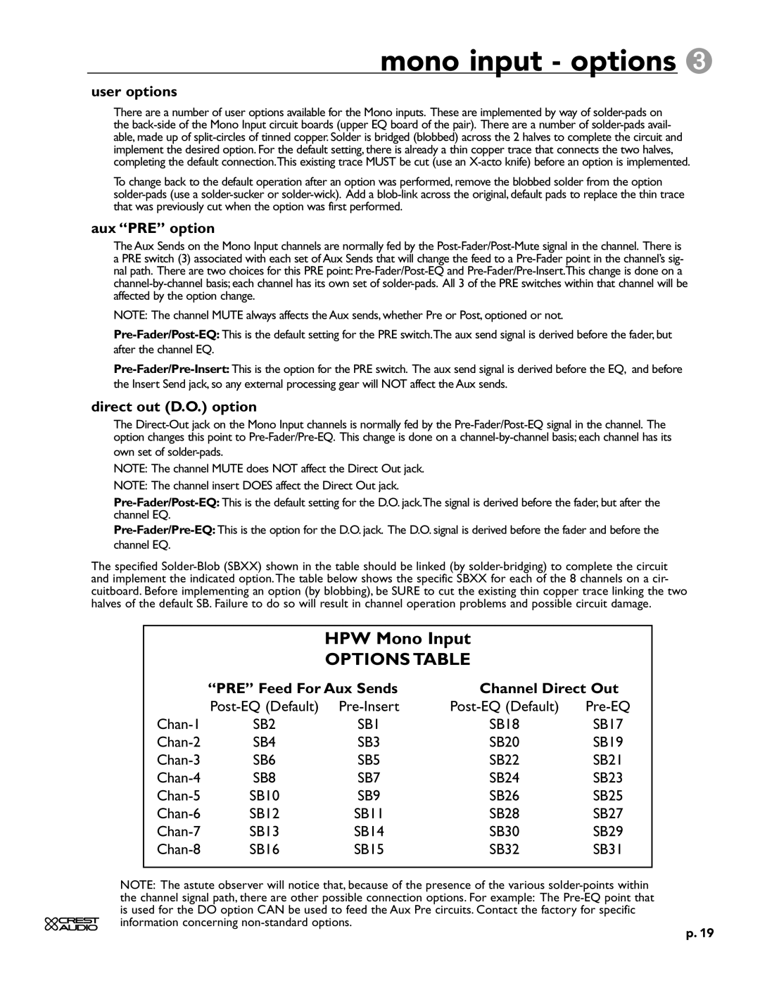 Crest Audio owner manual HPW Mono Input, User options, Aux PRE option, Direct out D.O. option 