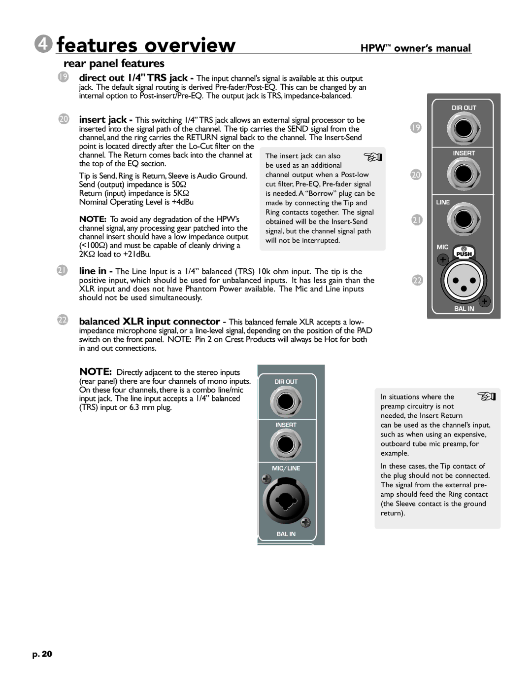 Crest Audio HPW owner manual 4features overview, Rear panel features 