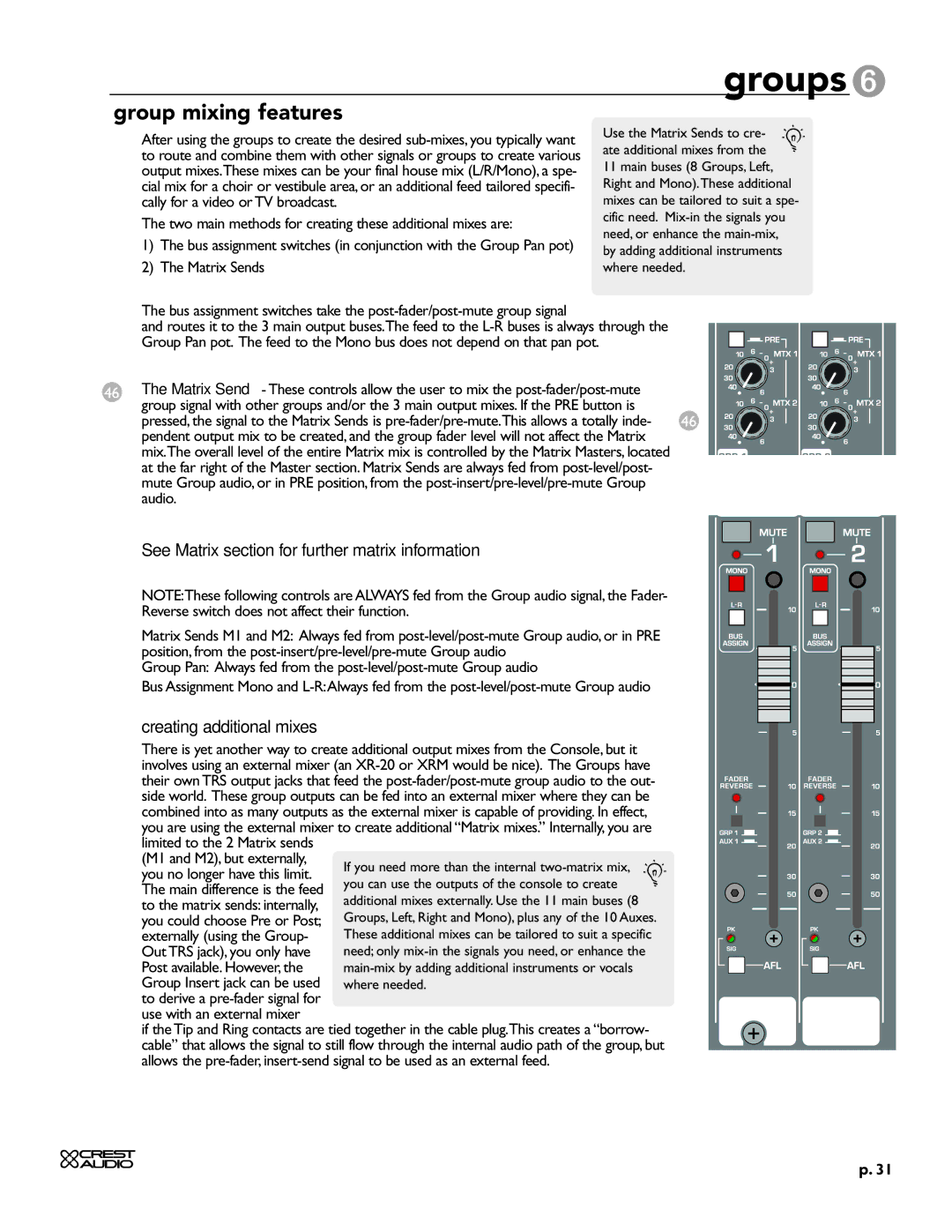 Crest Audio HPW owner manual Group mixing features, Creating additional mixes 