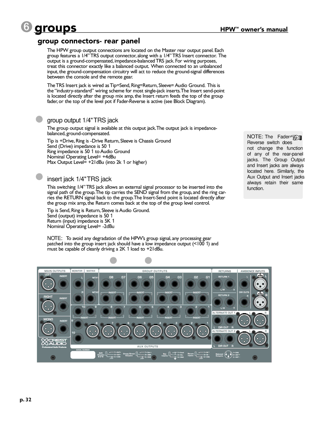 Crest Audio HPW owner manual Group connectors- rear panel, Group output 1/4TRS jack, Insert jack 1/4TRS jack 