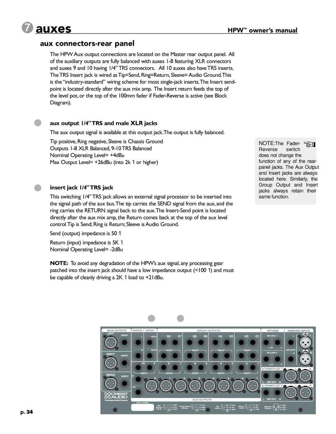 Crest Audio HPW 7auxes, Aux connectors-rear panel, Aux output 1/4TRS and male XLR jacks, Insert jack 1/4TRS jack, Reverse 