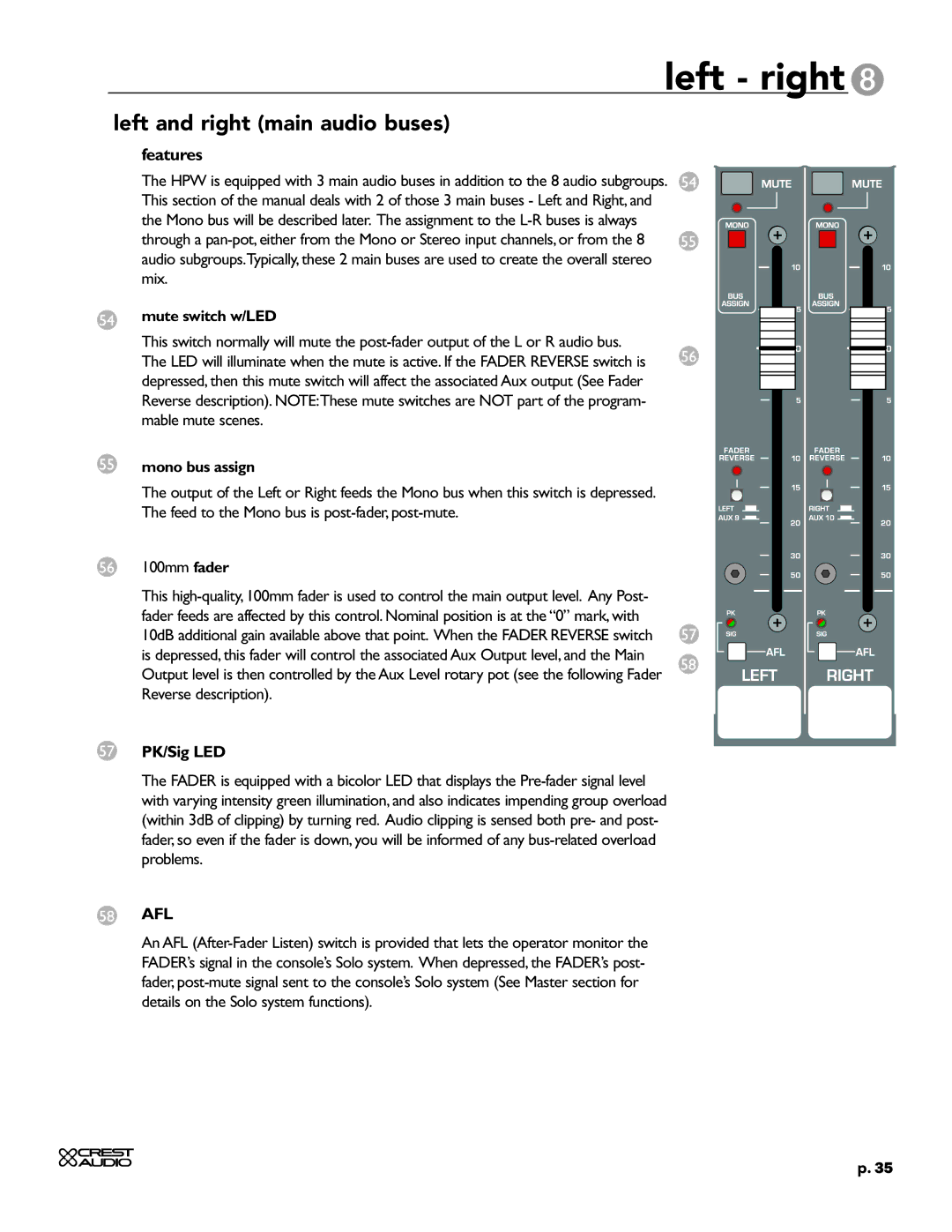 Crest Audio HPW owner manual Left right, Left and right main audio buses, Features, 57 PK/Sig LED, 58 AFL 