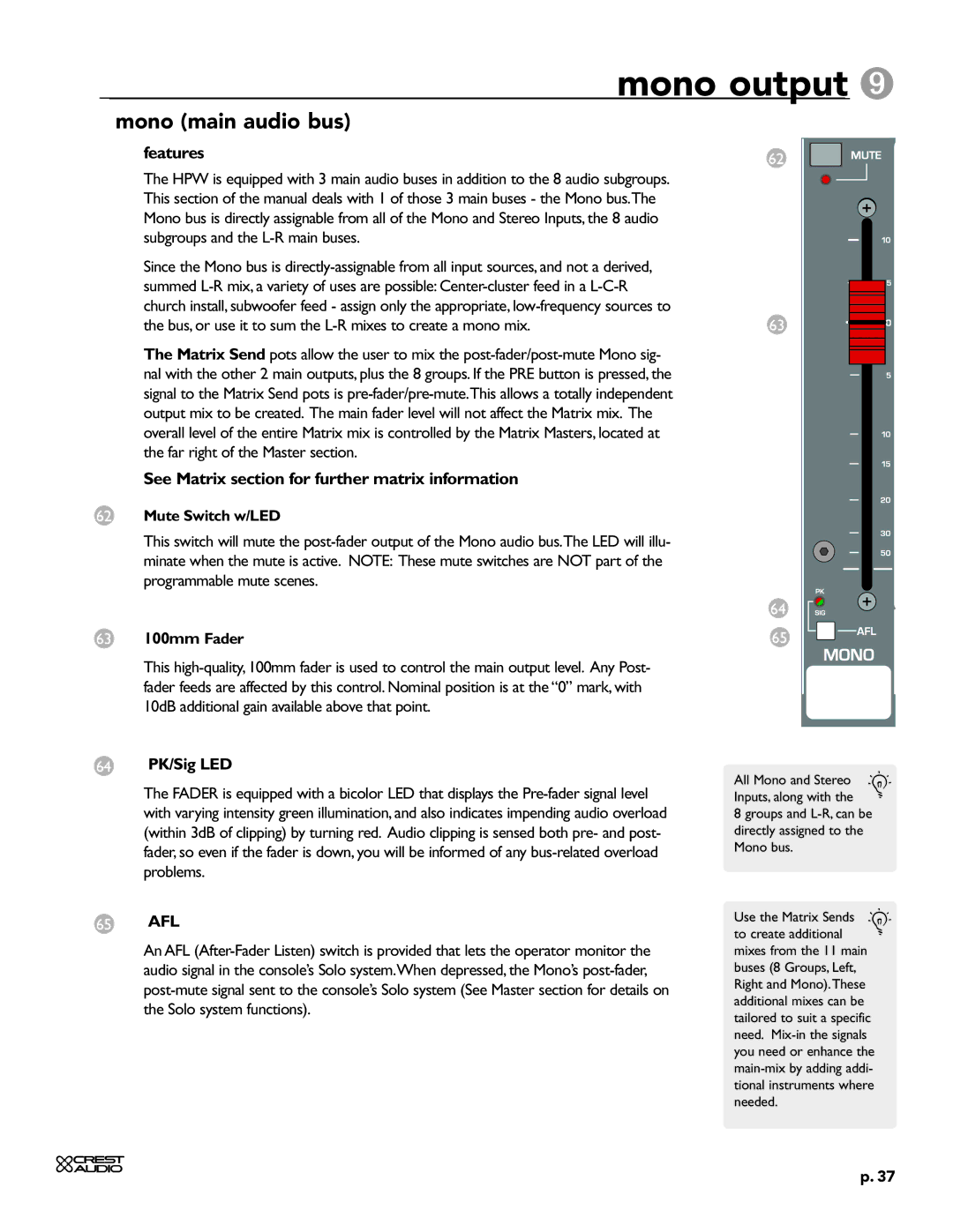 Crest Audio HPW owner manual Mono output, Mono main audio bus, 63 100mm Fader, 64 PK/Sig LED, 65 AFL 