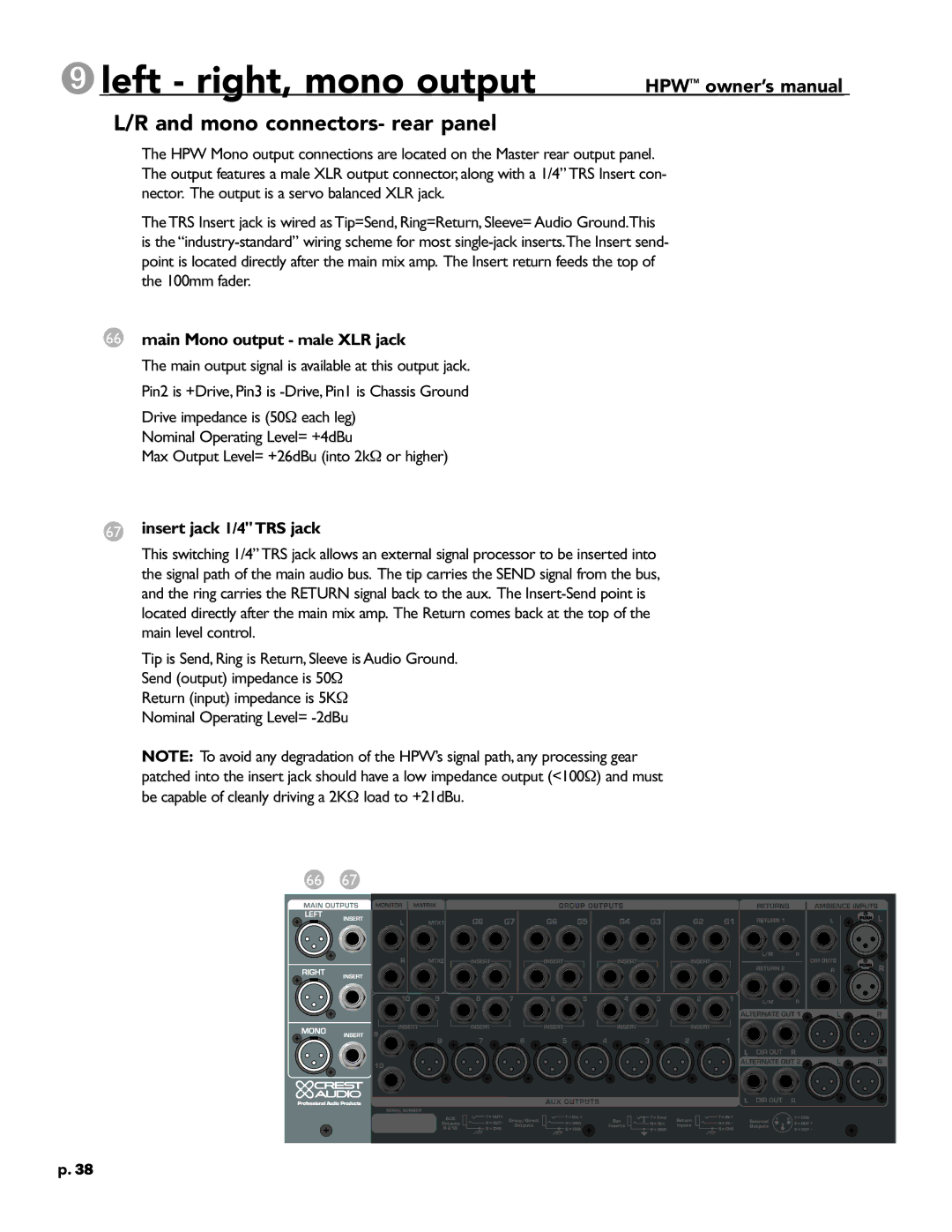 Crest Audio HPW owner manual Left right, mono output, Mono connectors- rear panel, Main Mono output male XLR jack 