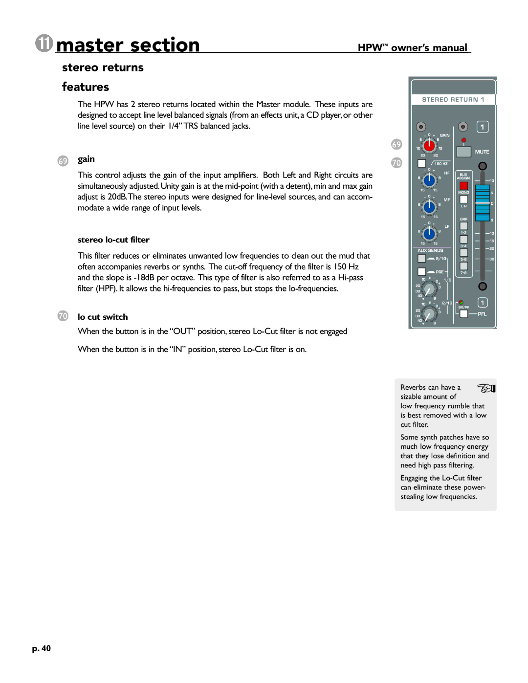 Crest Audio HPW owner manual ¡master section, Gain, Stereo lo-cut filter, Lo cut switch 