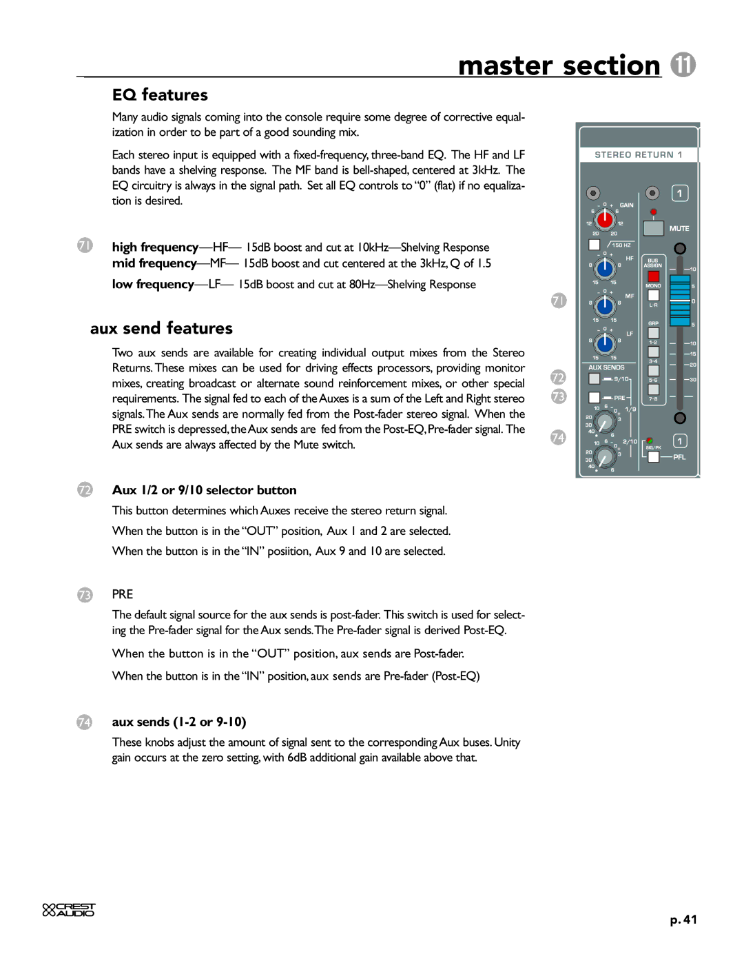 Crest Audio HPW owner manual Master section ¡, Aux 1/2 or 9/10 selector button, Aux sends 1-2 or 