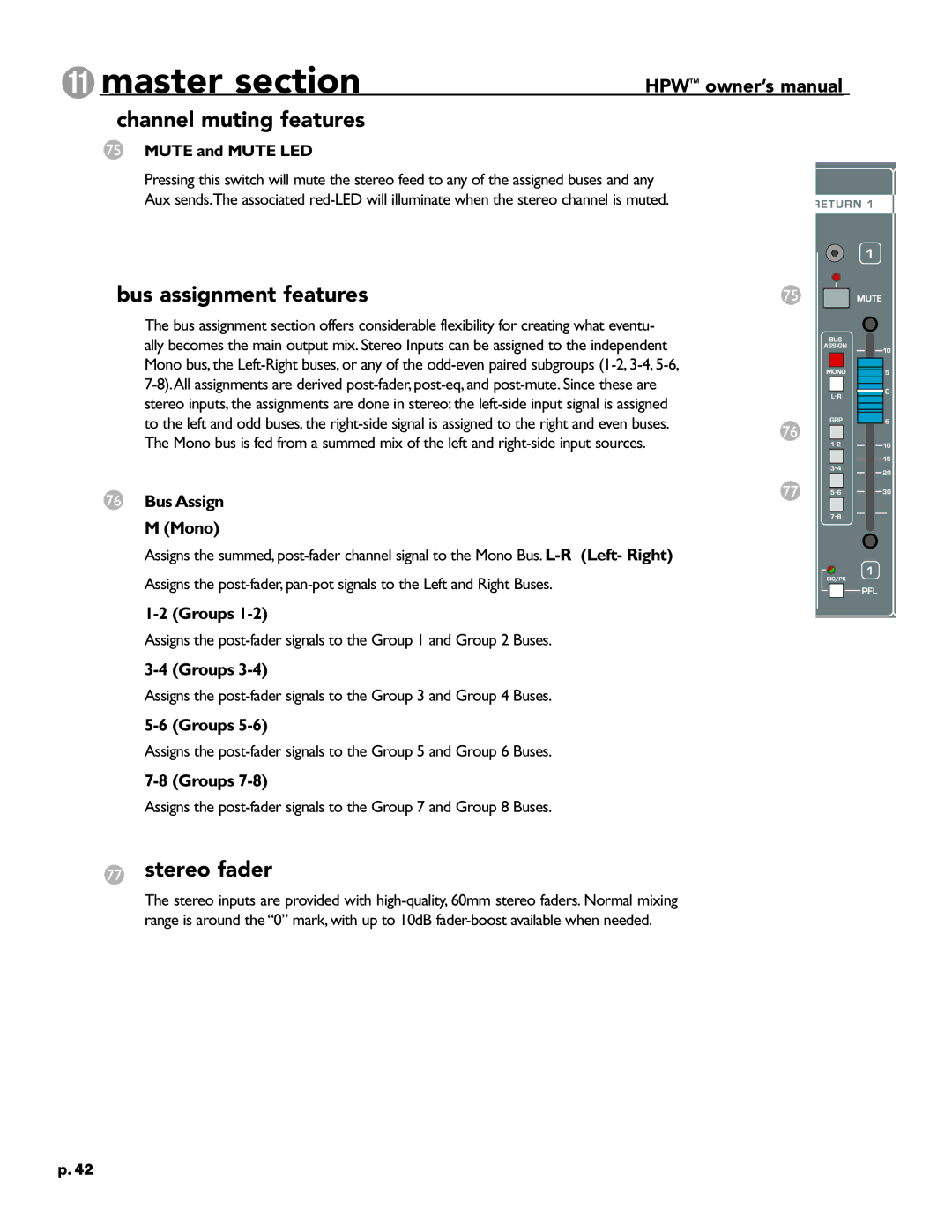 Crest Audio HPW owner manual Master section, Stereo fader, Bus Assign Mono, Groups, Mute and Mute LED 