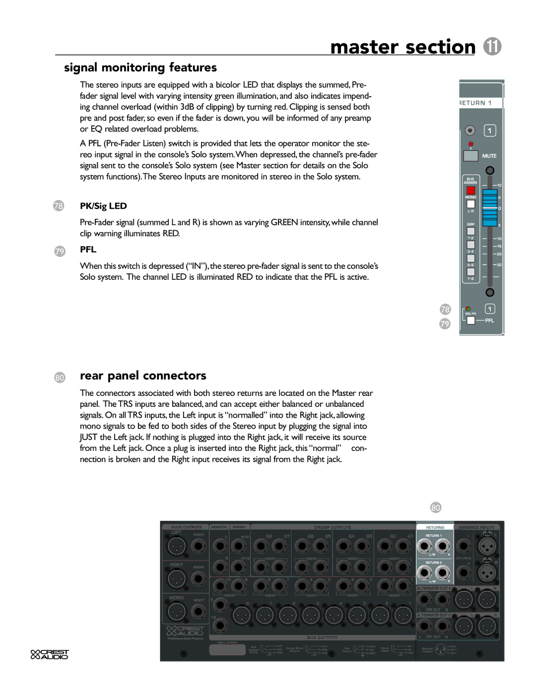 Crest Audio HPW owner manual Signal monitoring features, 78 PK/Sig LED 