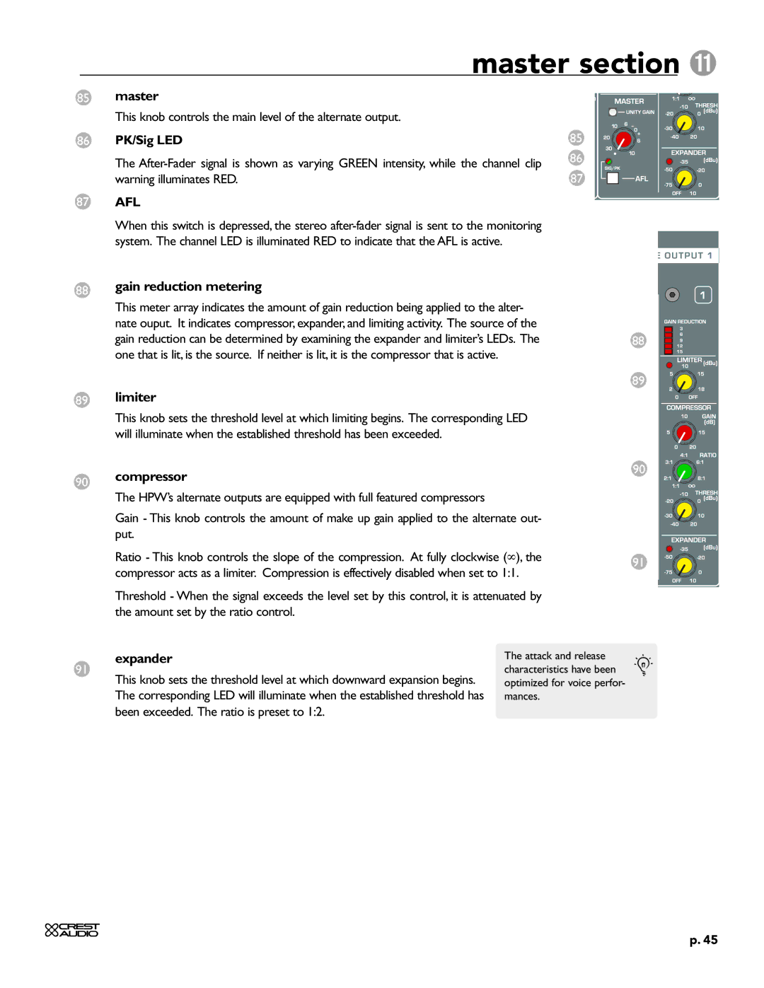 Crest Audio HPW owner manual Master, Gain reduction metering, Limiter, Compressor, Expander 