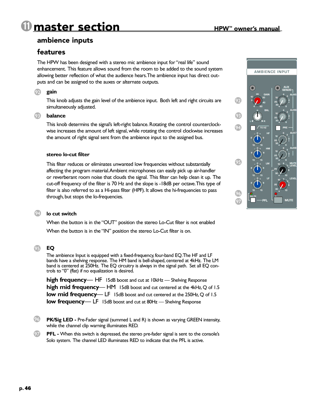 Crest Audio HPW owner manual Ambience inputs features, High frequency- HF, Low frequency- LF, Balance, 95 EQ 