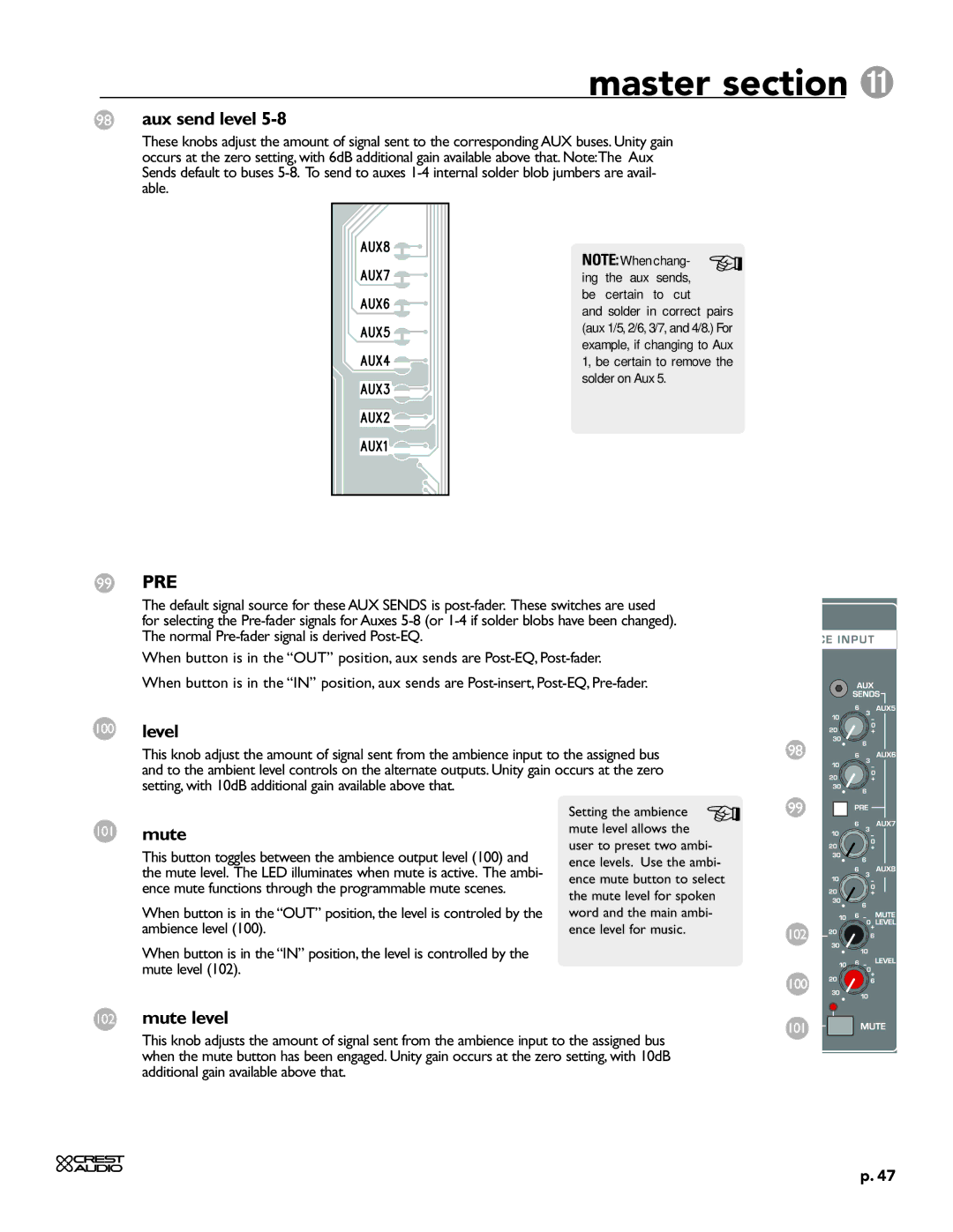 Crest Audio HPW owner manual 99 PRE, Level, Mute level 