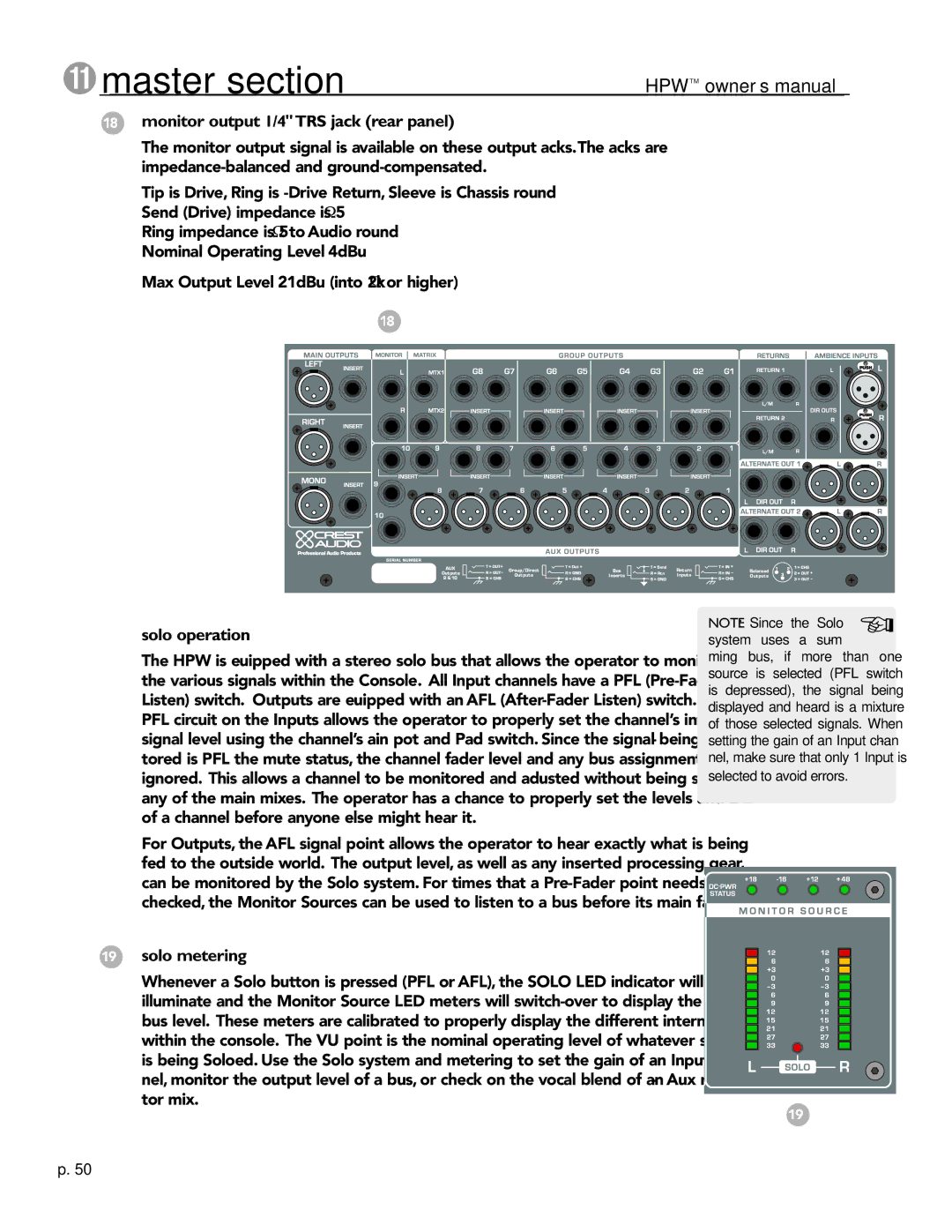 Crest Audio HPW owner manual Monitor output 1/4TRS jack rear panel, Solo operation, Solo metering, System uses a sum 